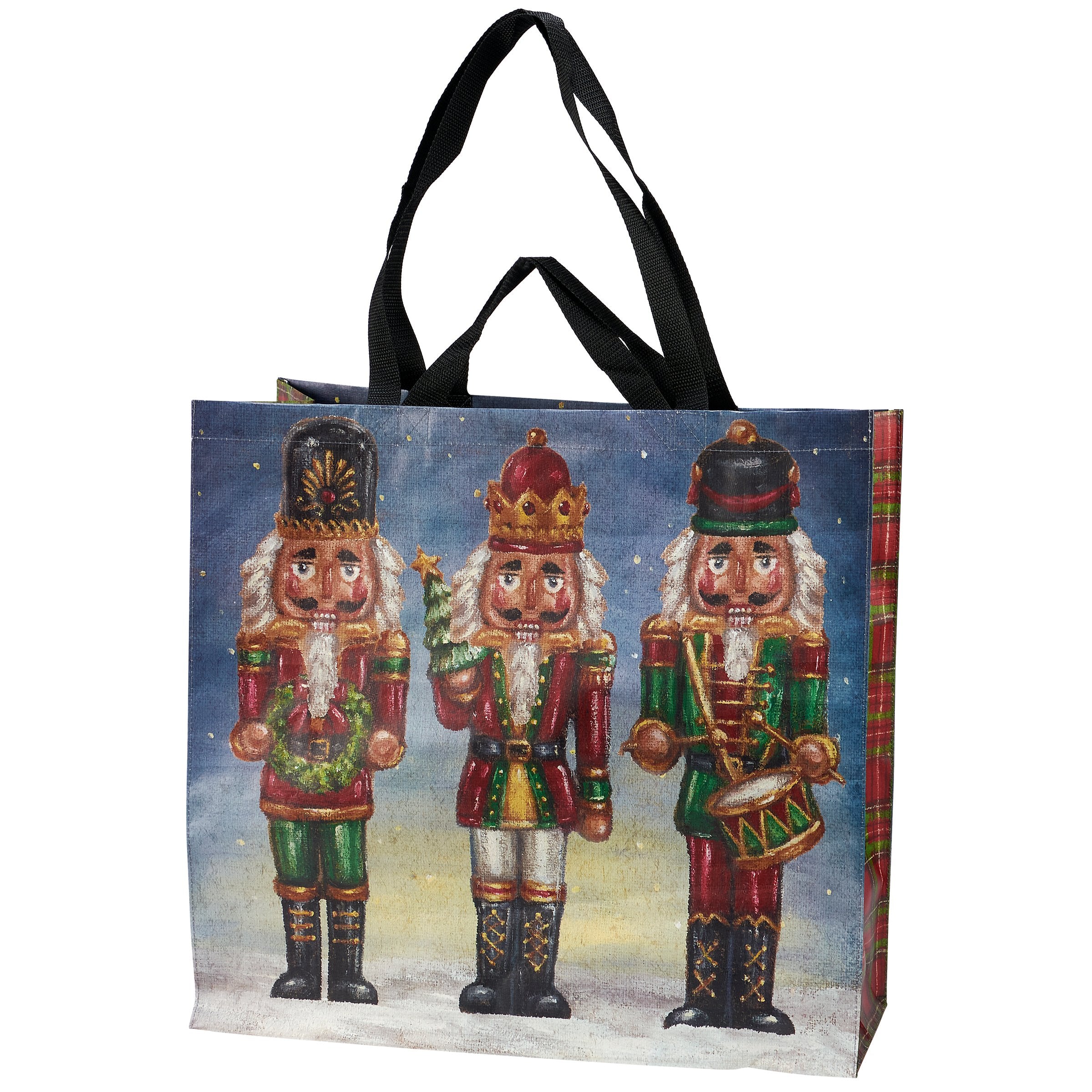 Festive Double-Sided Christmas Nutcracker Shopping Tote Bag with Plaid Gussets