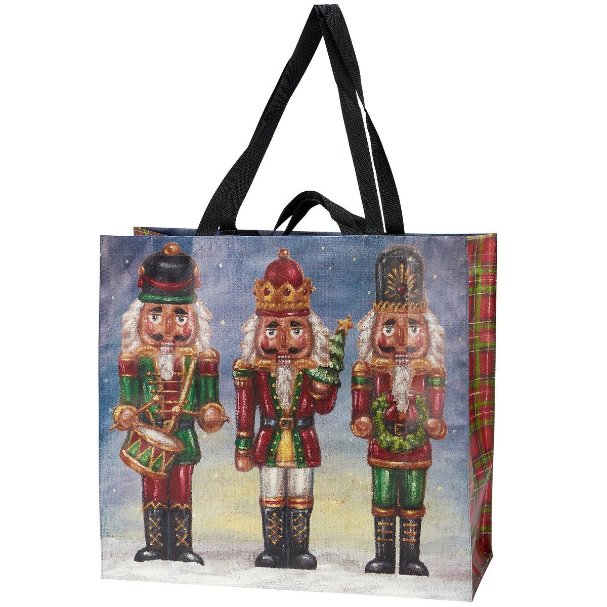 Festive Double-Sided Christmas Nutcracker Shopping Tote Bag with Plaid Gussets