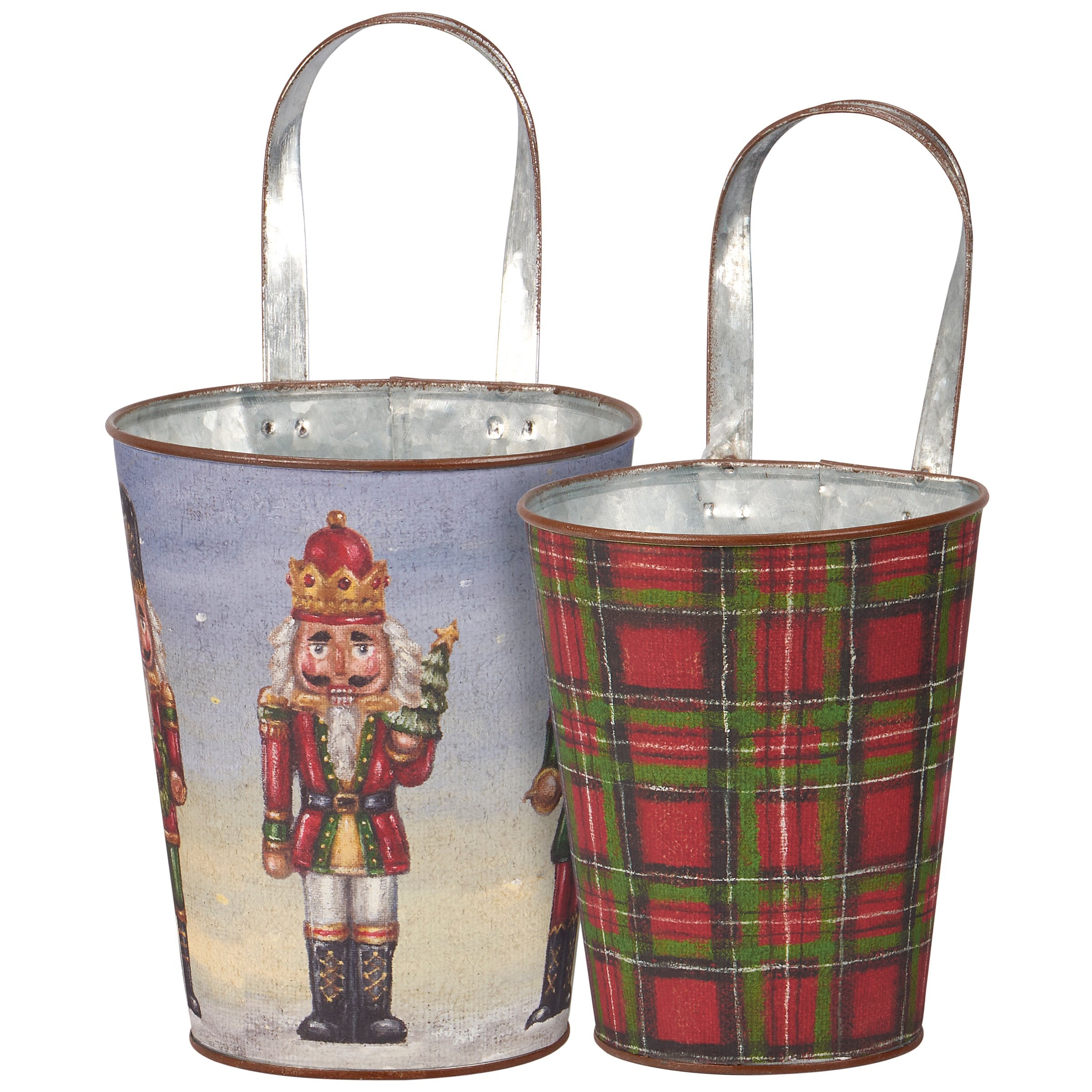 Festive Nutcracker Plaid Christmas Wall Bucket Set - Decorative Metal Accent