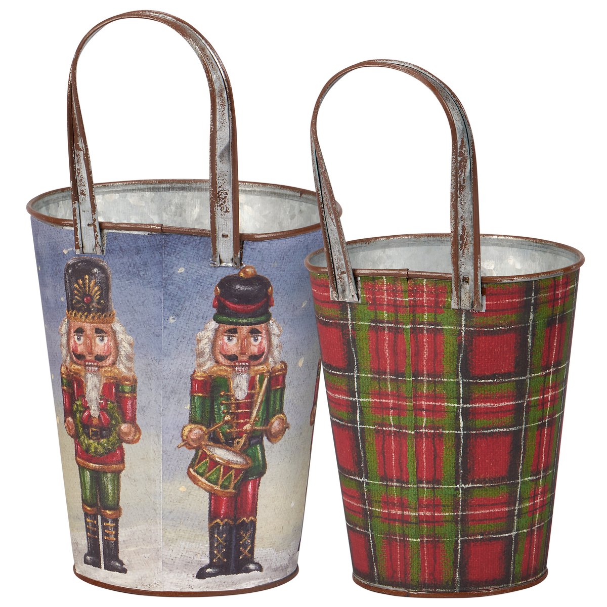 Festive Nutcracker Plaid Christmas Wall Bucket Set - Decorative Metal Accent