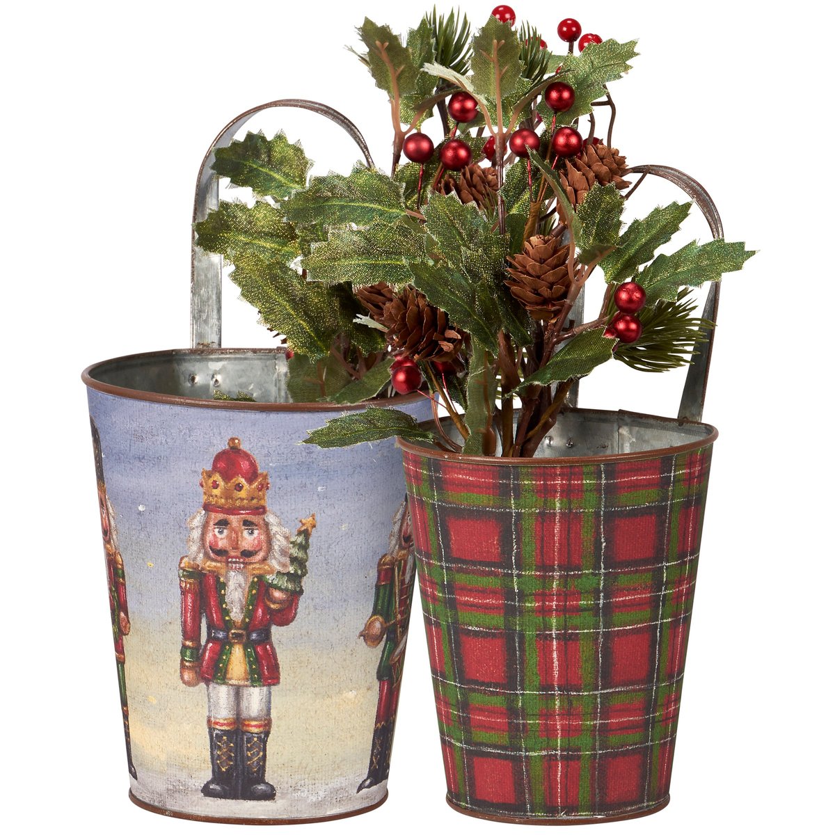 Festive Nutcracker Plaid Christmas Wall Bucket Set - Decorative Metal Accent