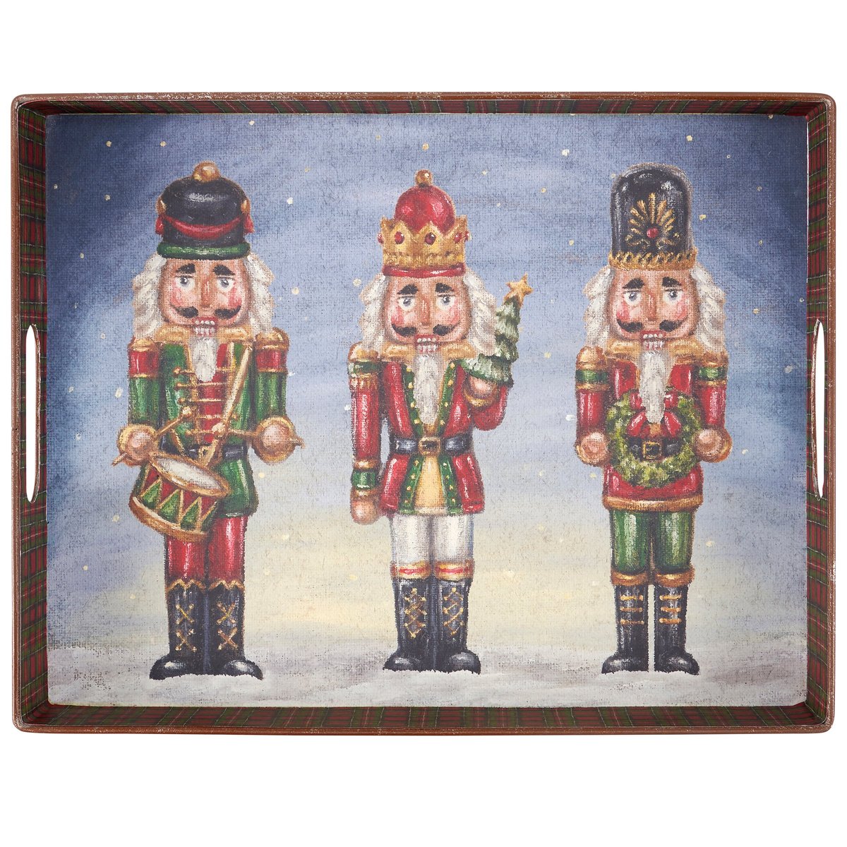 Festive Nutcracker Christmas Serving Tray with Plaid Design and Handles
