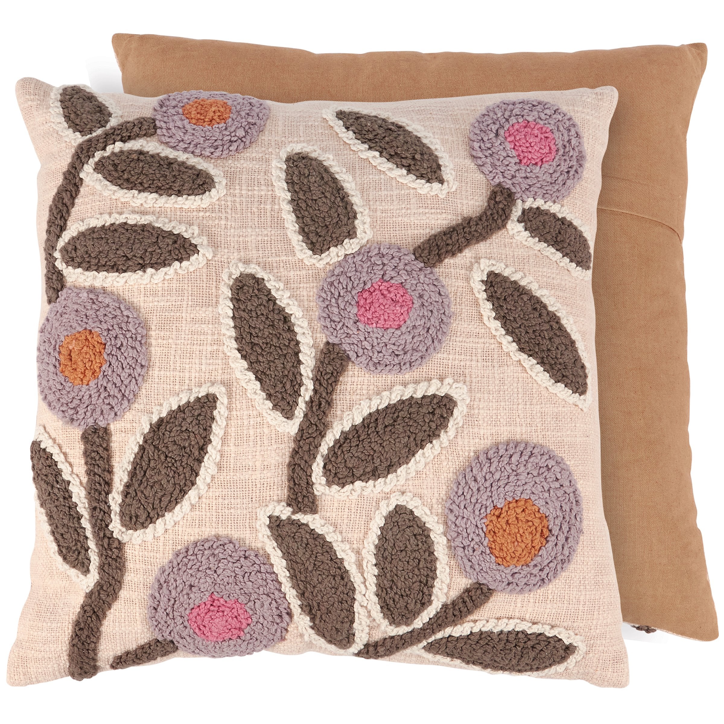 Artisan Tan Cotton Buttercup Pillow, 18-inch Square, Punch Needle Design, Washable