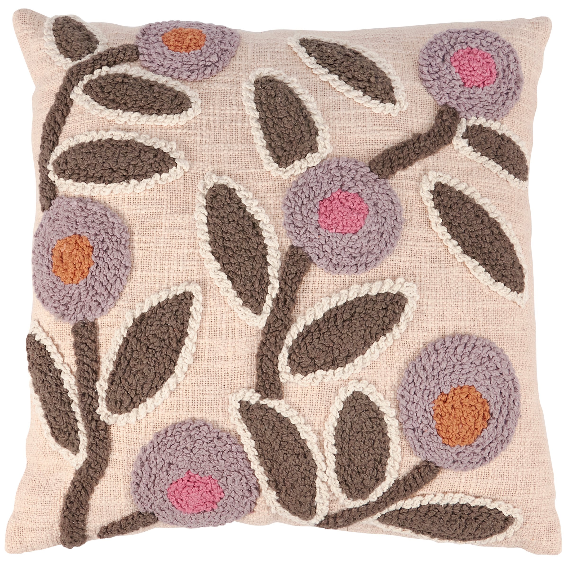 Artisan Tan Cotton Buttercup Pillow, 18-inch Square, Punch Needle Design, Washable