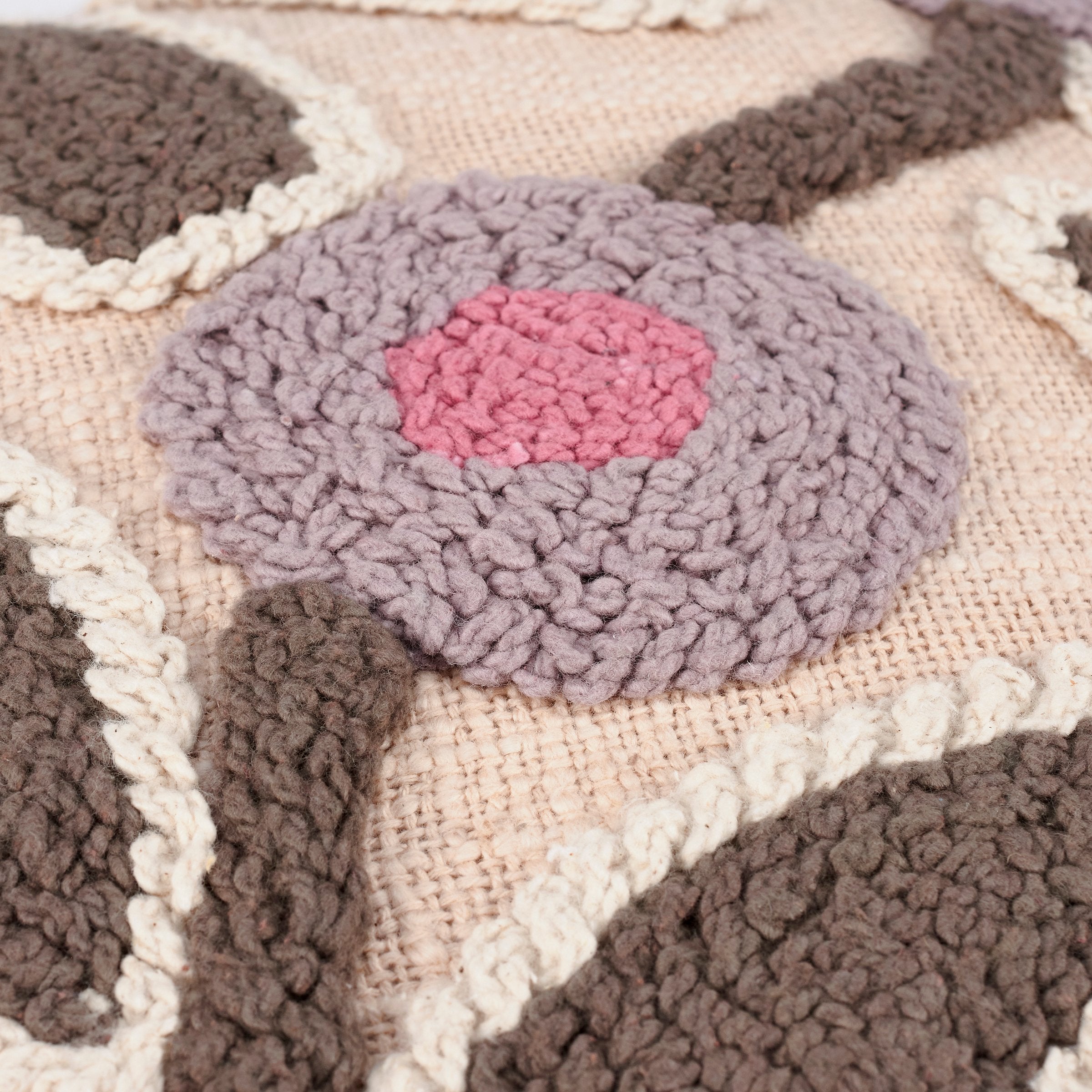 Artisan Tan Cotton Buttercup Pillow, 18-inch Square, Punch Needle Design, Washable