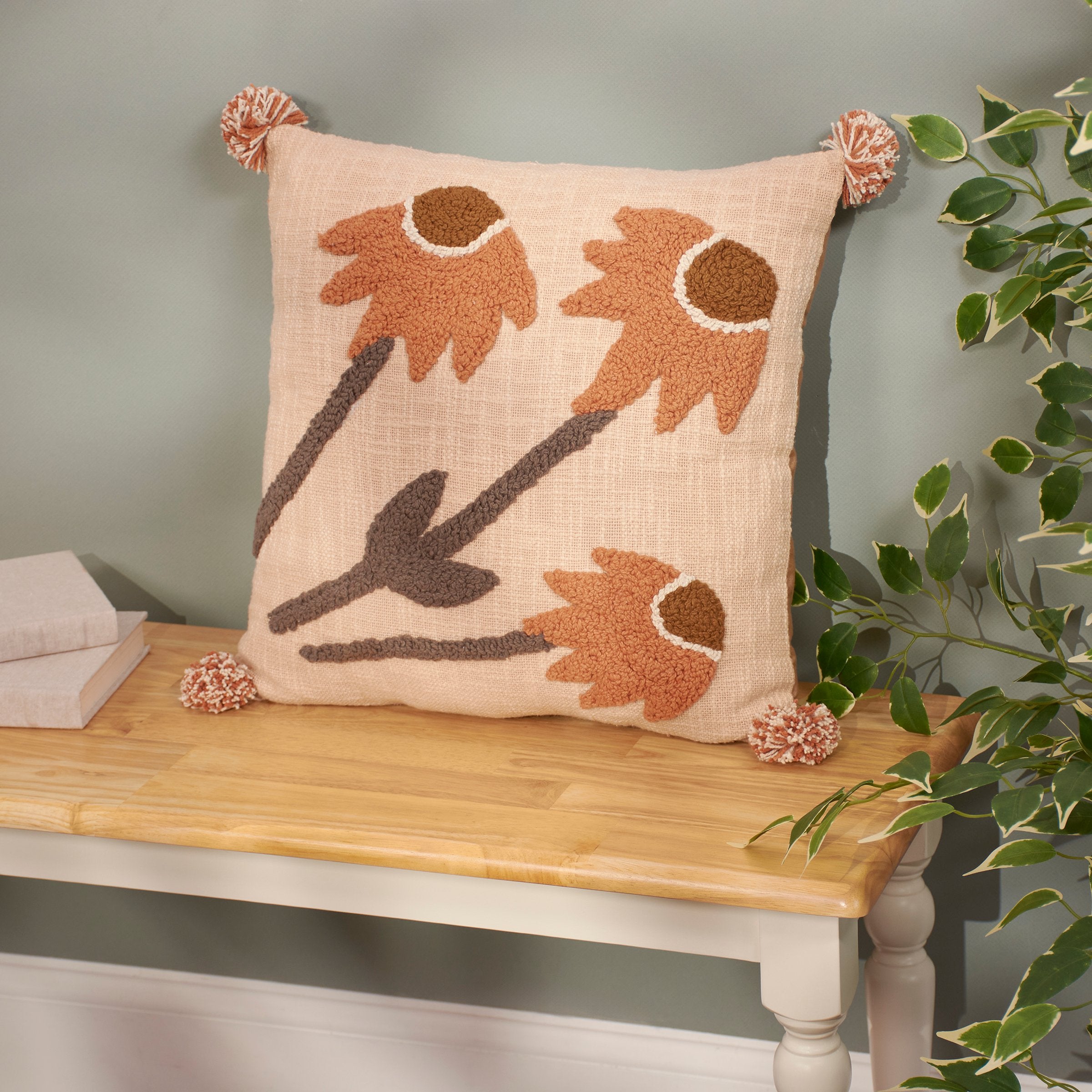 Charming Black Eyed Susan Floral Cotton Pillow with Textured Punch Needle Design