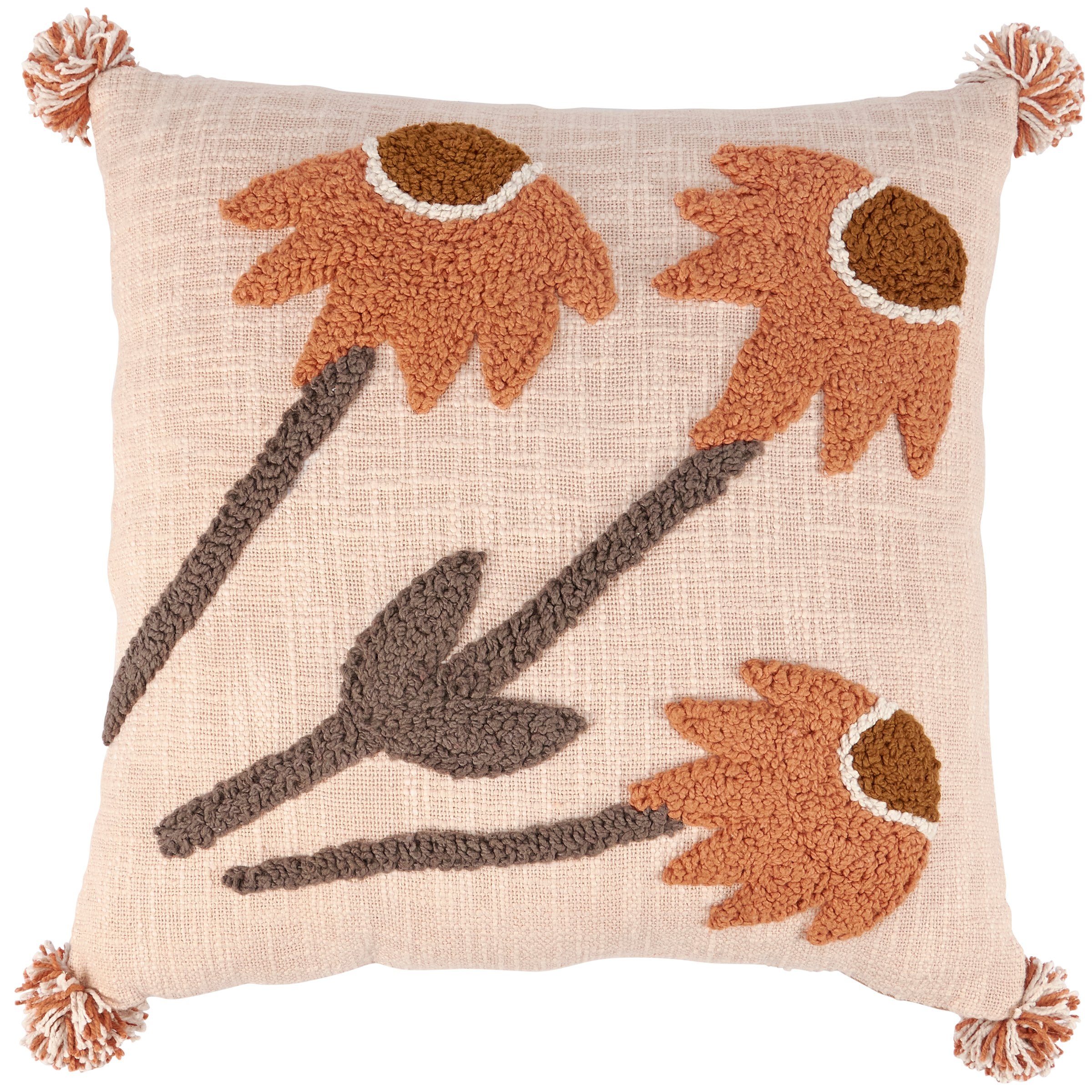 Charming Black Eyed Susan Pillow: Textured Punch Needle Floral Design, Cotton Cover, Poms
