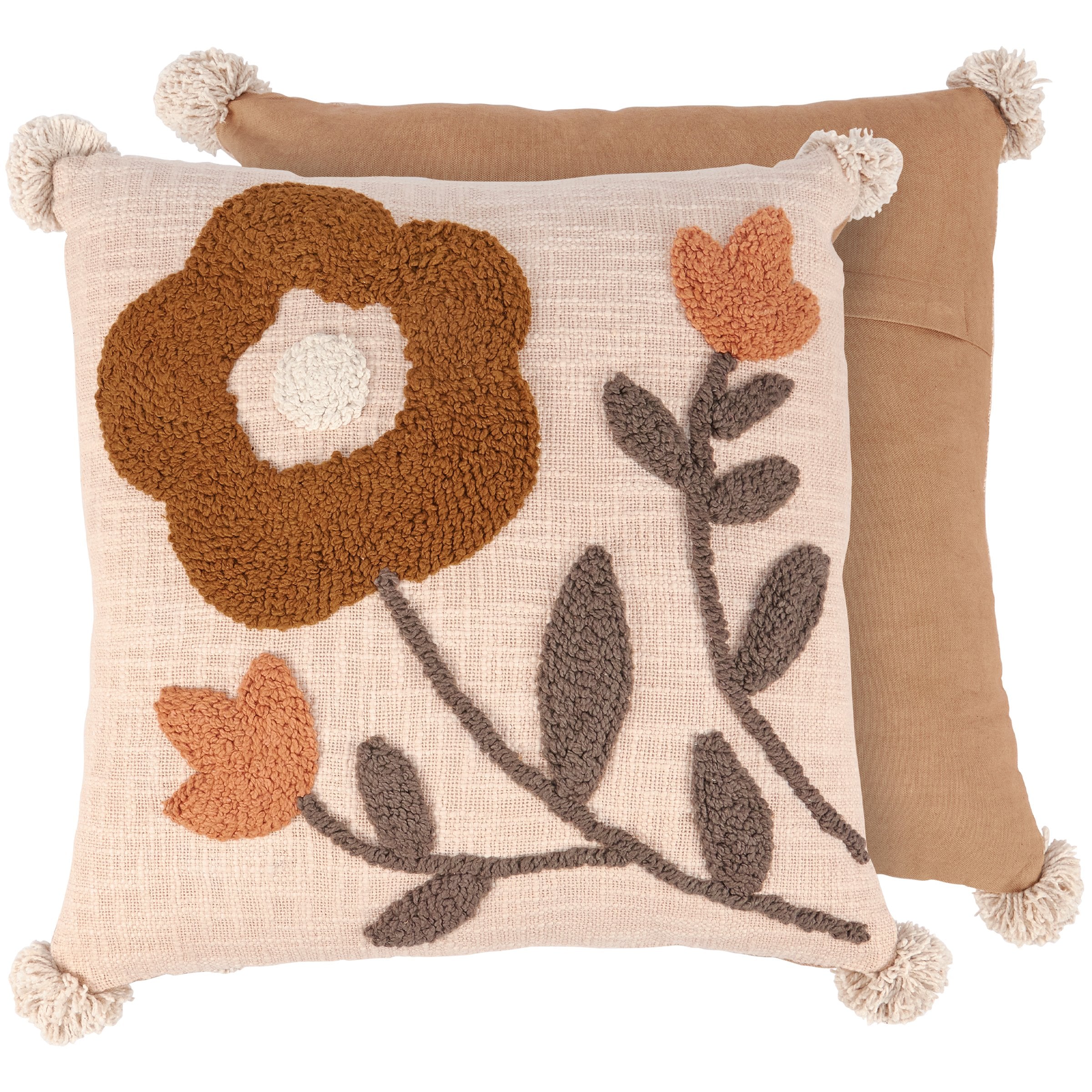 Charming Marigold Flower Embroidered Cotton Decorative Throw Pillow with Poms