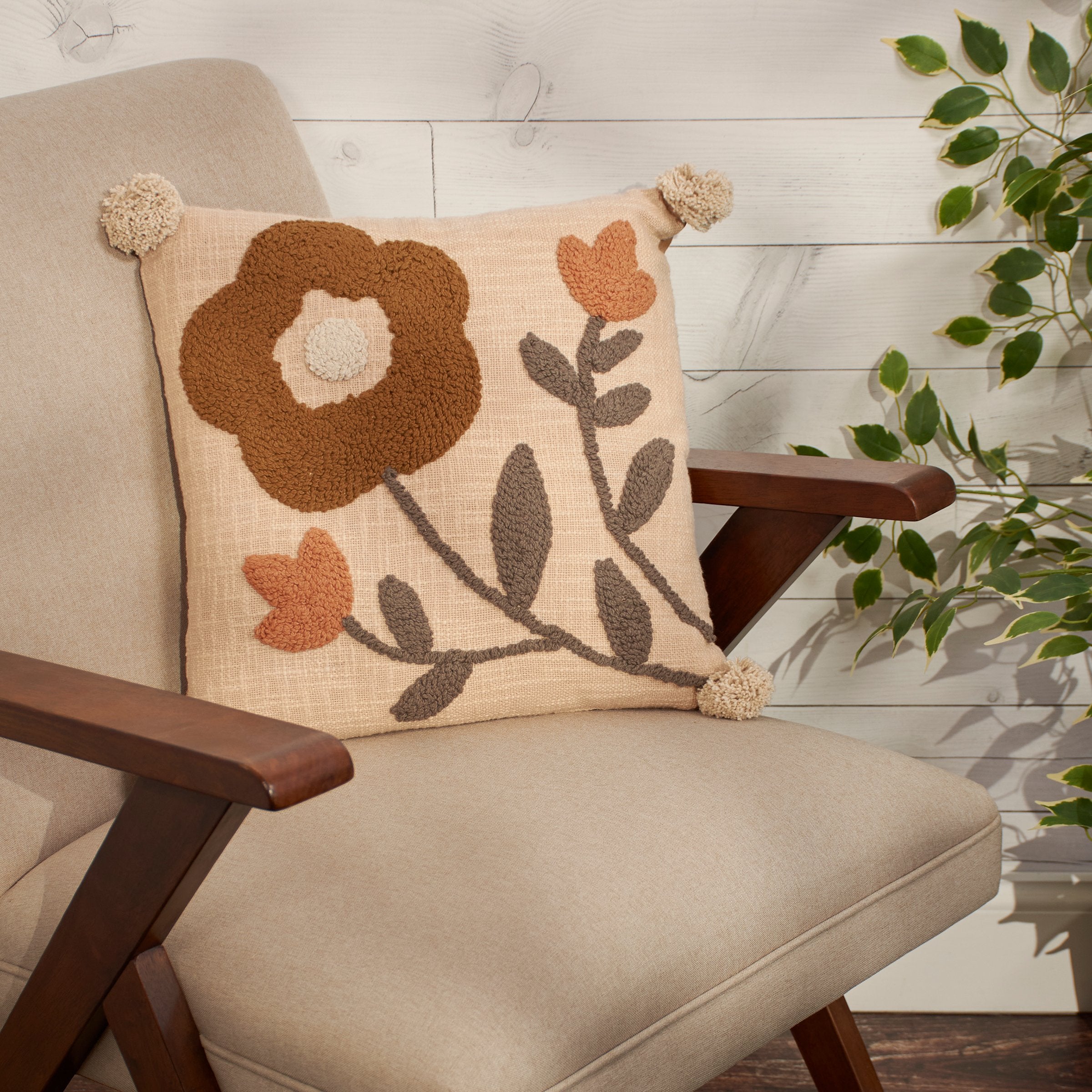 Charming Marigold Flower Embroidered Cotton Decorative Throw Pillow with Poms