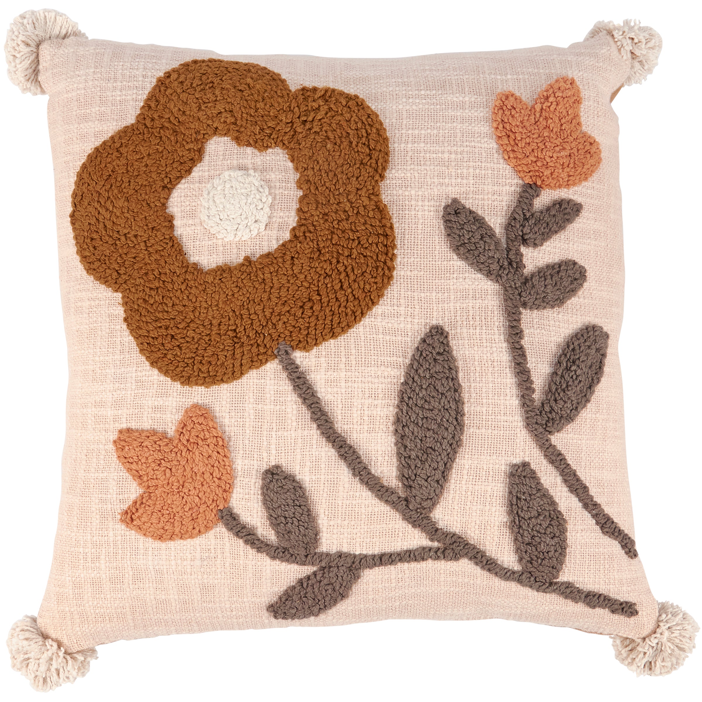 Charming Marigold Flower Embroidered Cotton Decorative Throw Pillow with Poms