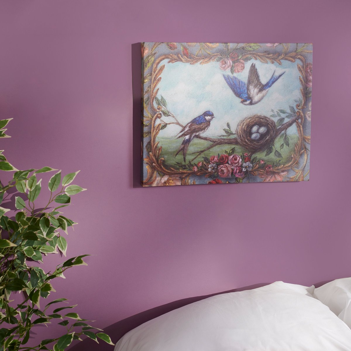 Elegant Blue Swallows Floral Art Nouveau Burlap Canvas Wall Art Decor