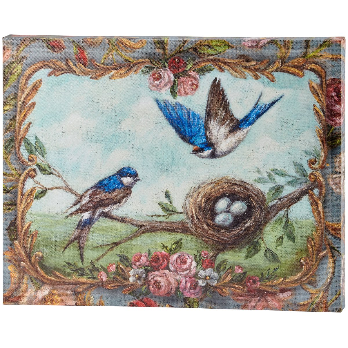 Elegant Blue Swallows Floral Art Nouveau Burlap Canvas Wall Art Decor