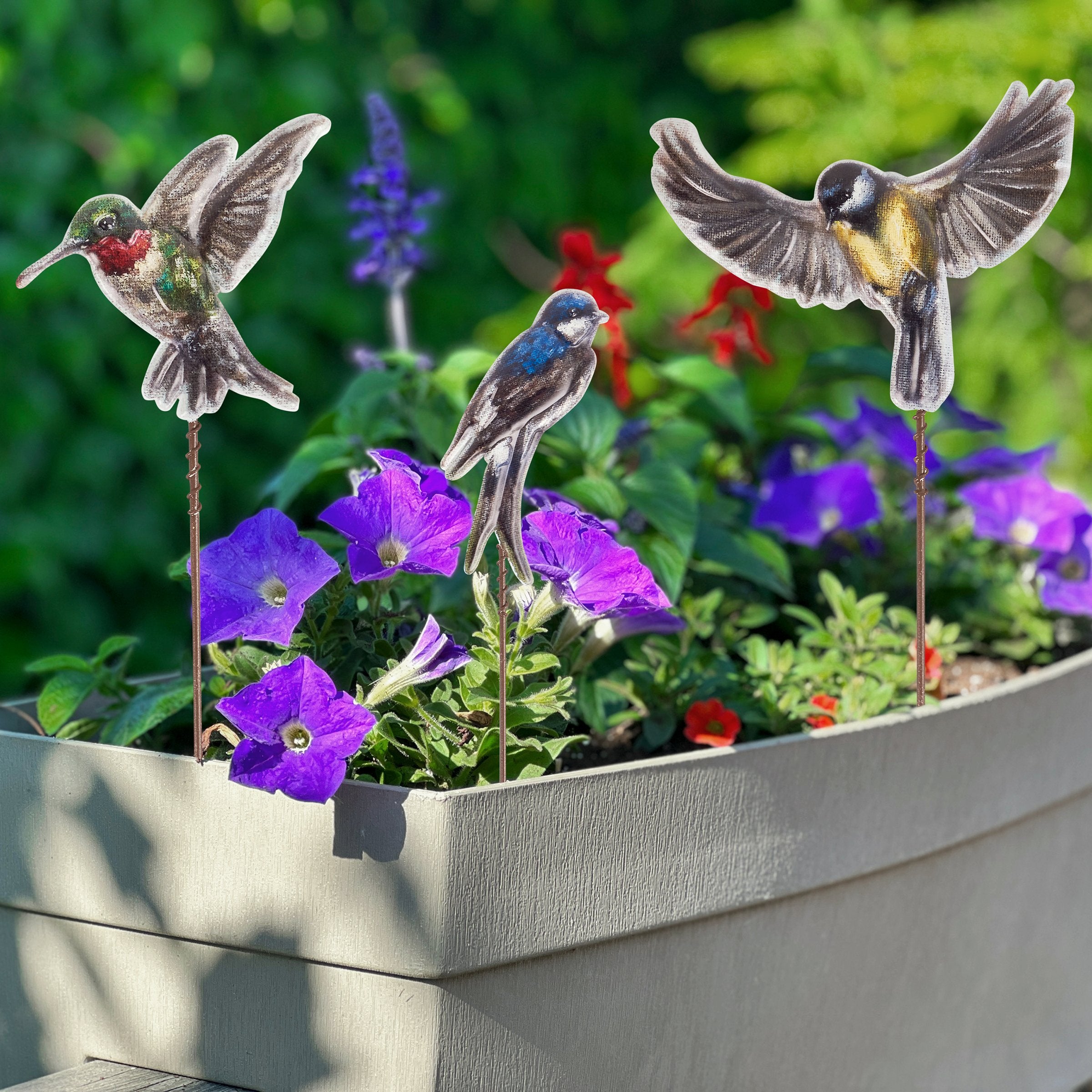 Charming Metal Bird Garden Picks Set - Hummingbird, Swallow, Finch Decor