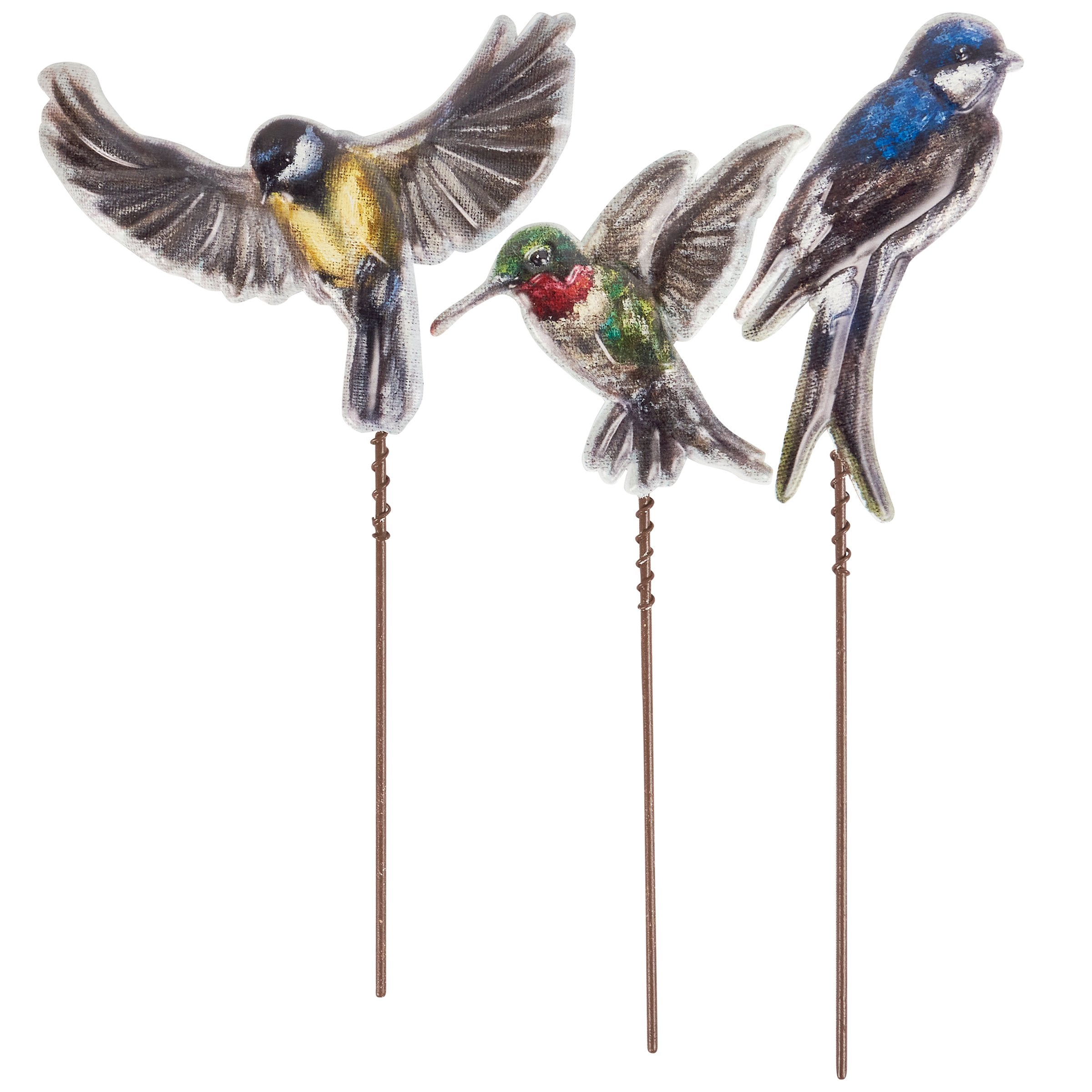 Charming Metal Bird Garden Picks Set - Hummingbird, Swallow, Finch Decor