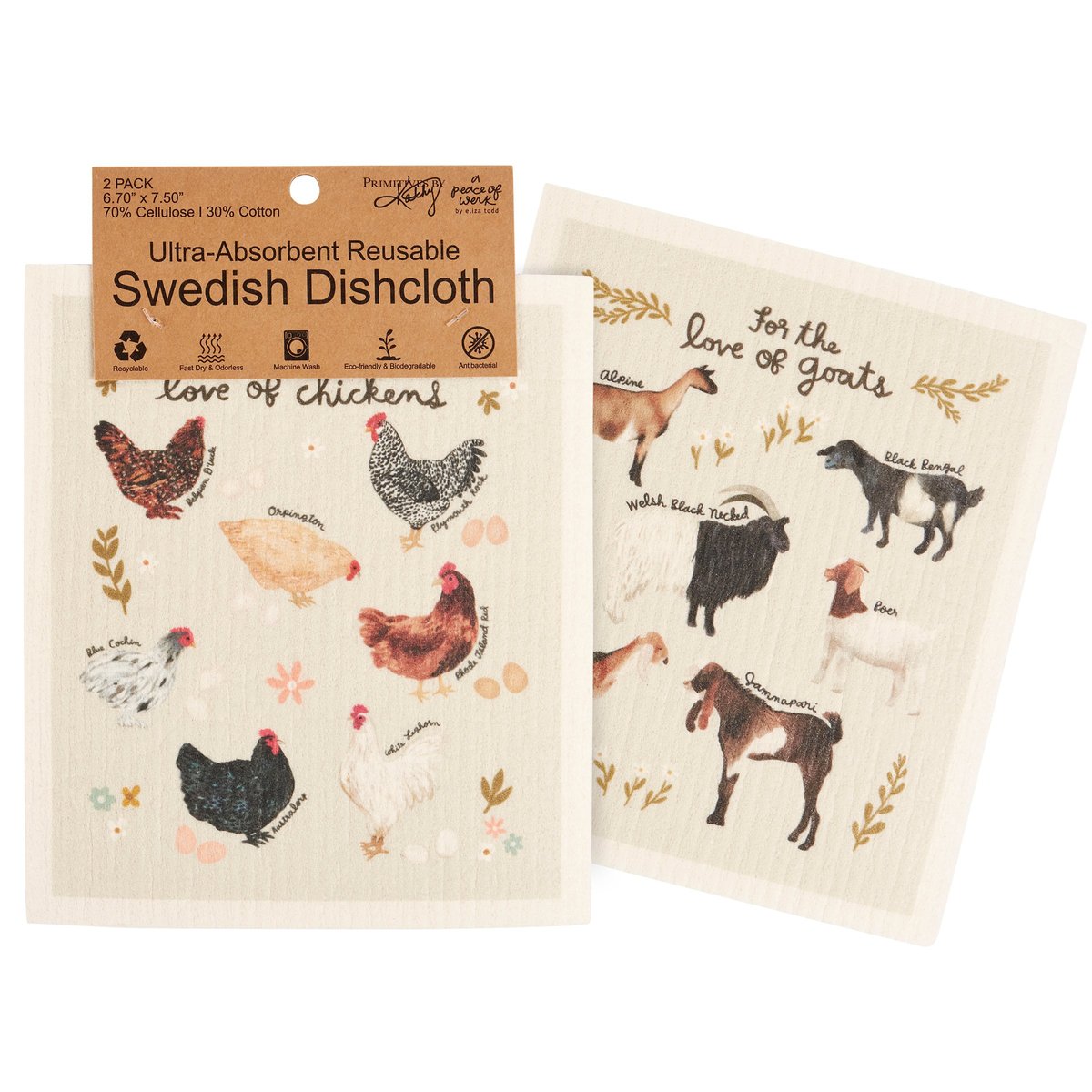 Eco-Friendly Farm Animal Swedish Dishcloth Set - Ultra-Absorbent Goats & Chickens