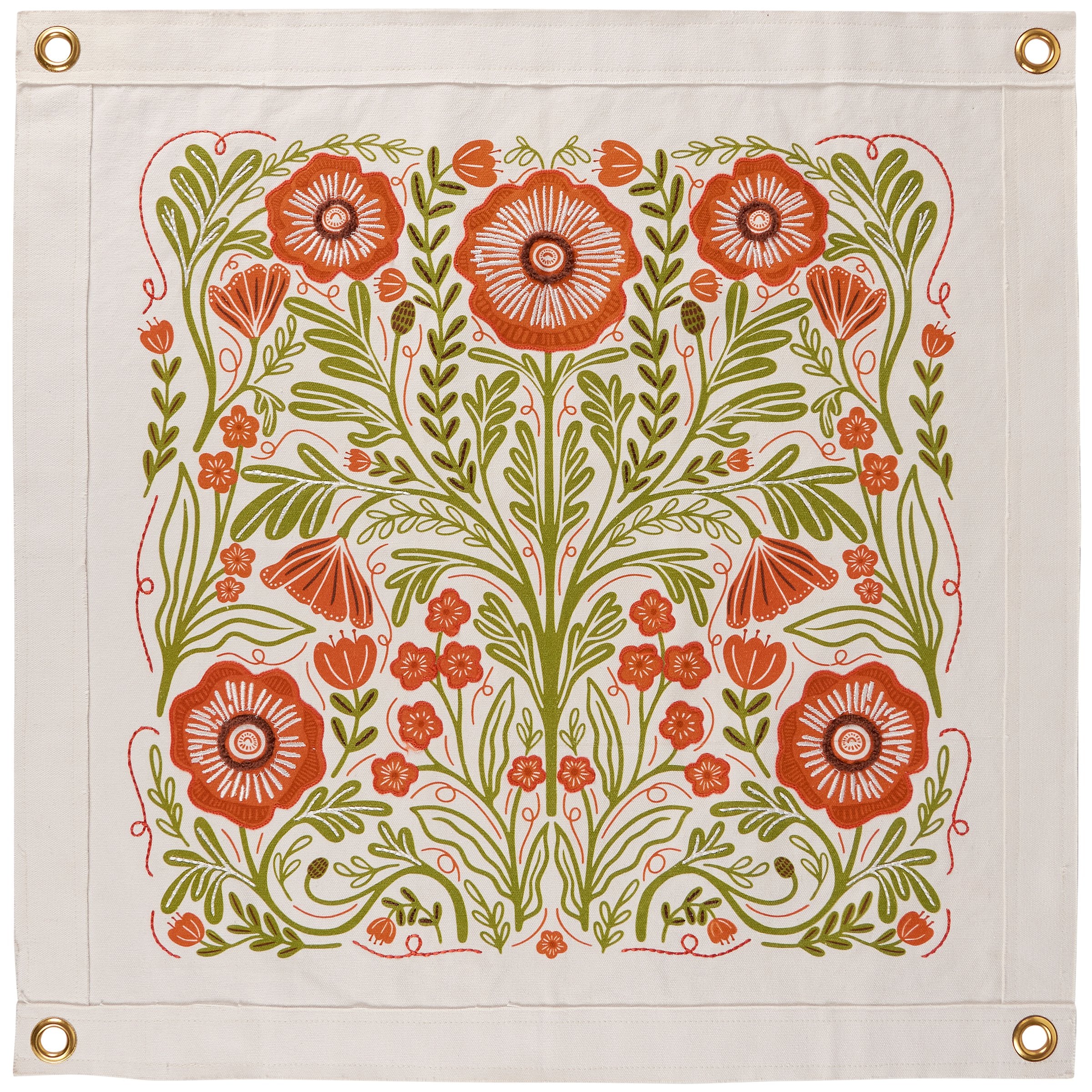 Vibrant Poppies Folk Art Canvas Wall Banner with Embroidered Accents, 24-inch Square