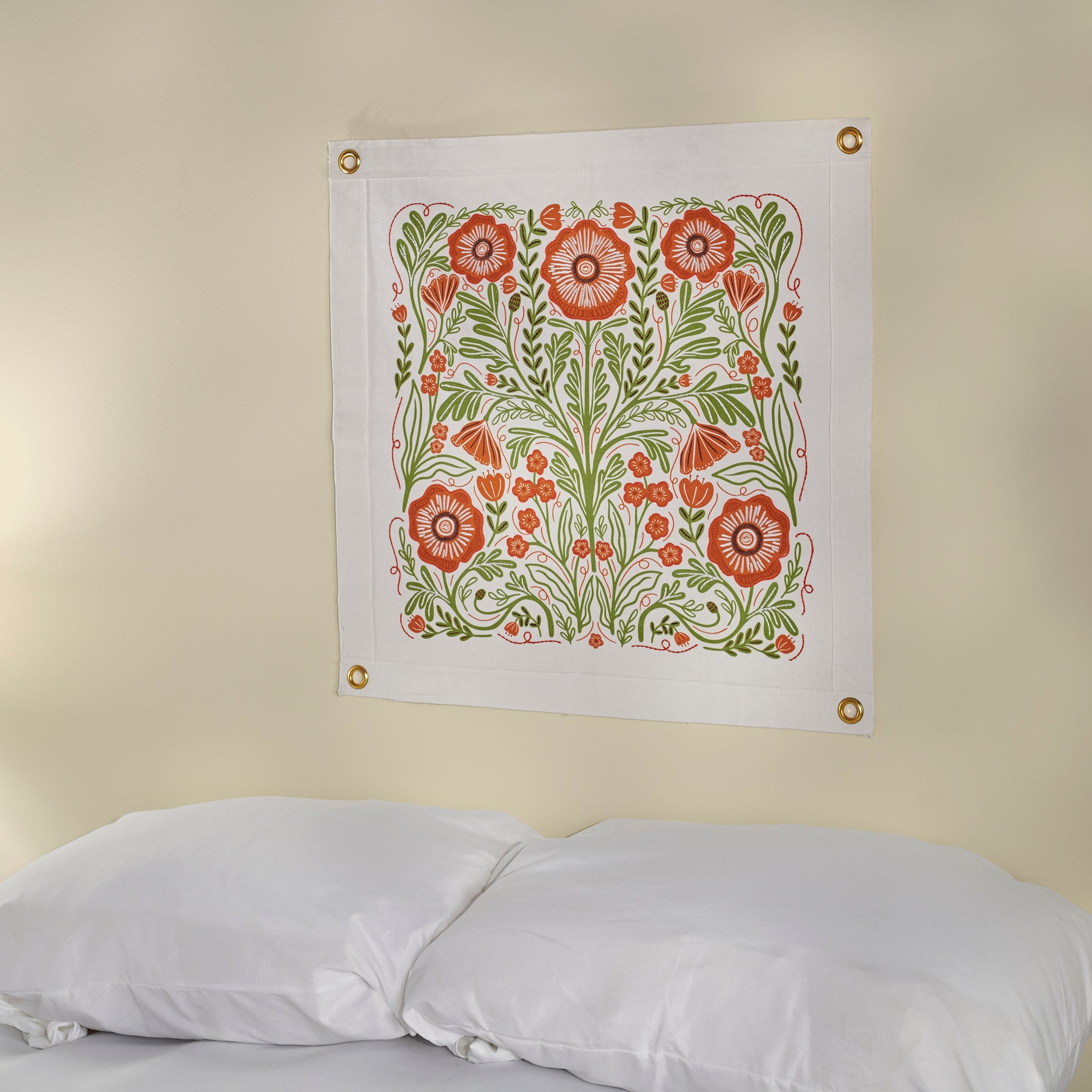 Vibrant Poppies Folk Art Canvas Wall Banner with Embroidered Accents, 24-inch Square