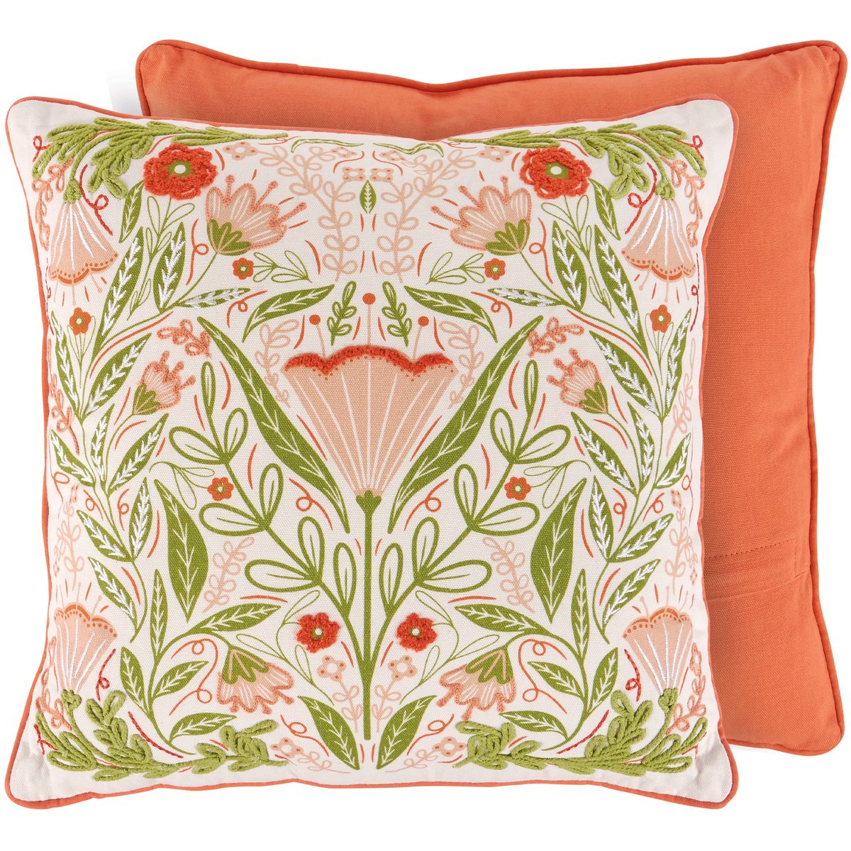 Charming Folk Art Pink Blossom Decorative Throw Pillow with Embroidered Details