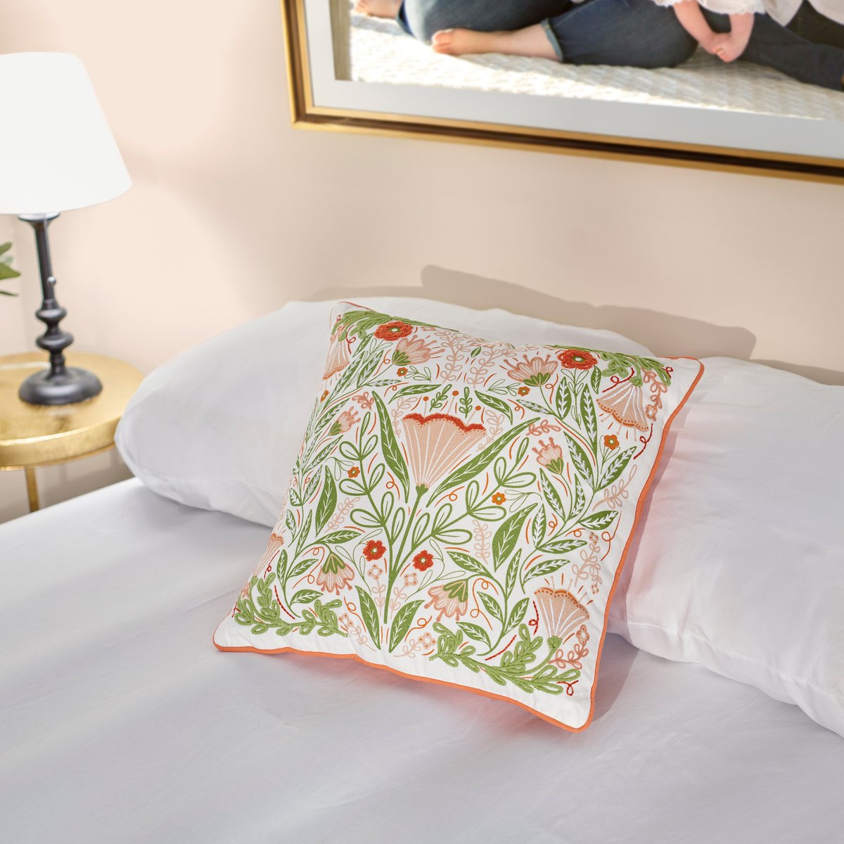 Charming Folk Art Pink Blossom Decorative Throw Pillow with Embroidered Details