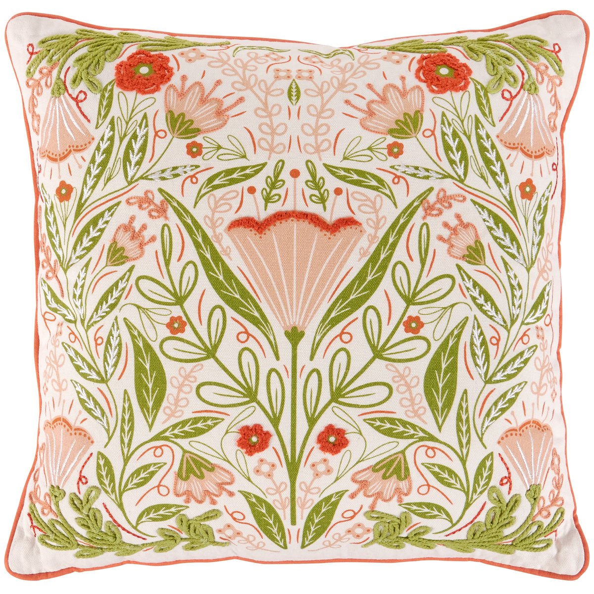 Charming Folk Art Pink Blossom Decorative Throw Pillow with Embroidered Details