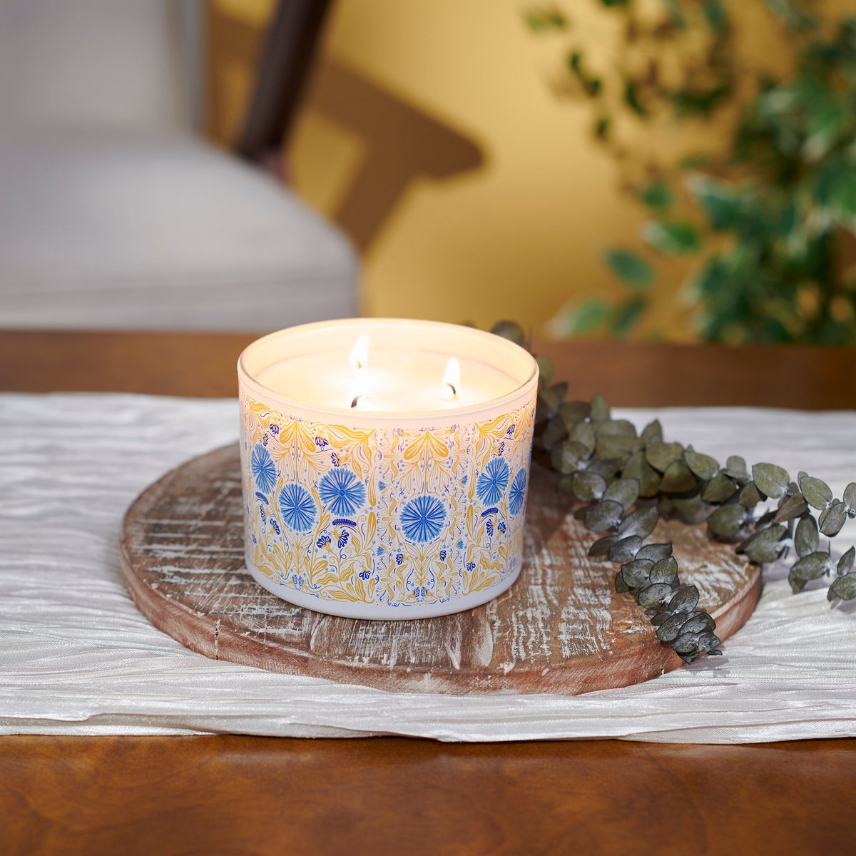 Charming Caterpillar Floral Candle: Eucalyptus Scented Soy Wax, Folk Art Design