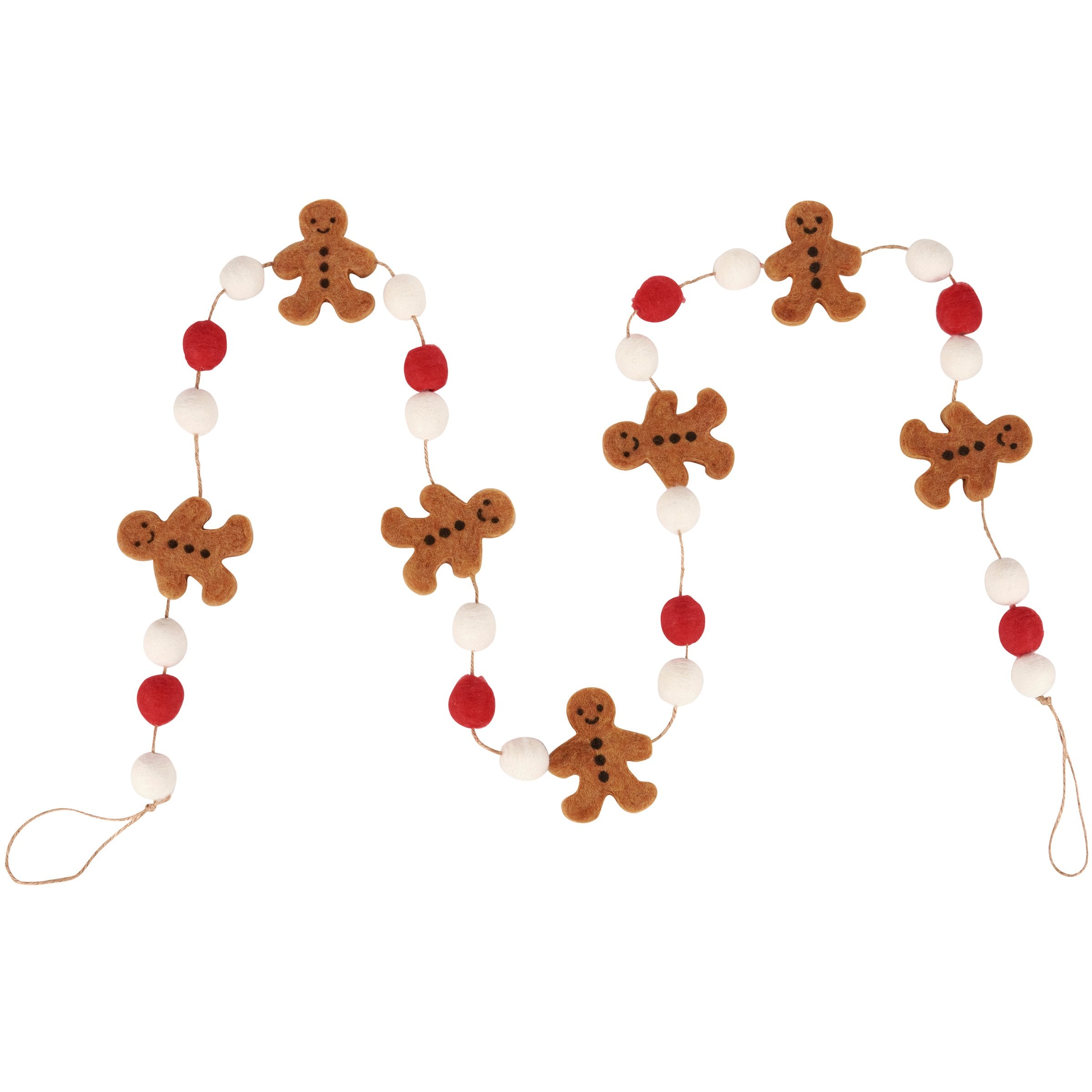 Delightful Felt Gingerbread Men Garland, Red & White Poms, 72-Inch Christmas Decor