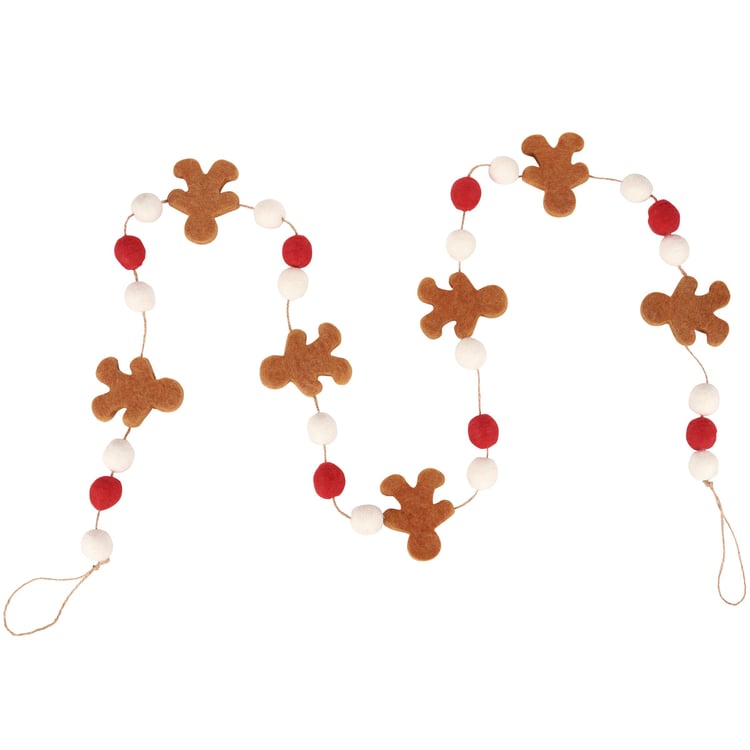 Delightful Felt Gingerbread Men Garland, Red & White Poms, 72-Inch Christmas Decor