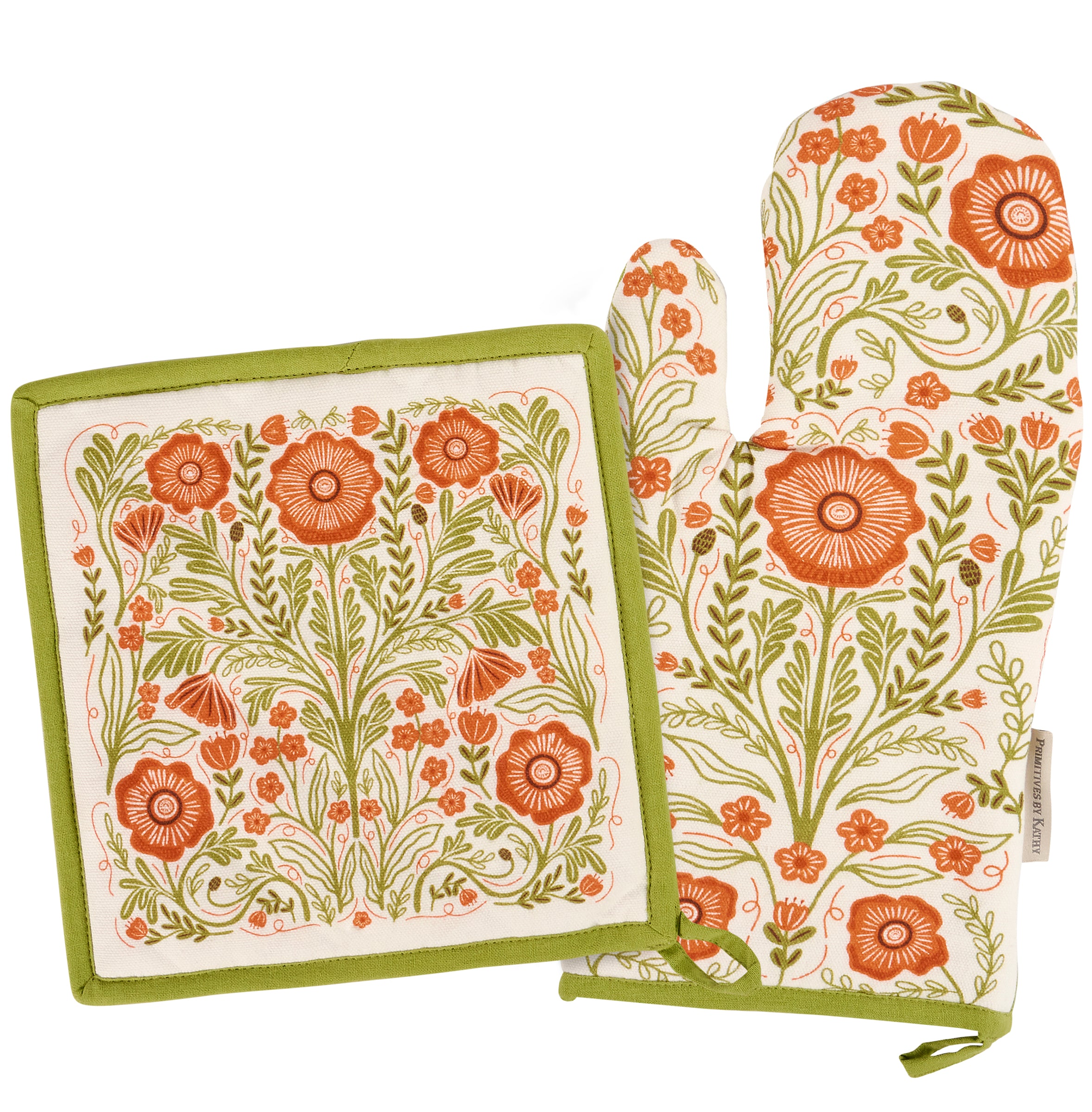 Vibrant Poppies Folk Art Kitchen Set: Oven Mitt & Hot Pad Duo
