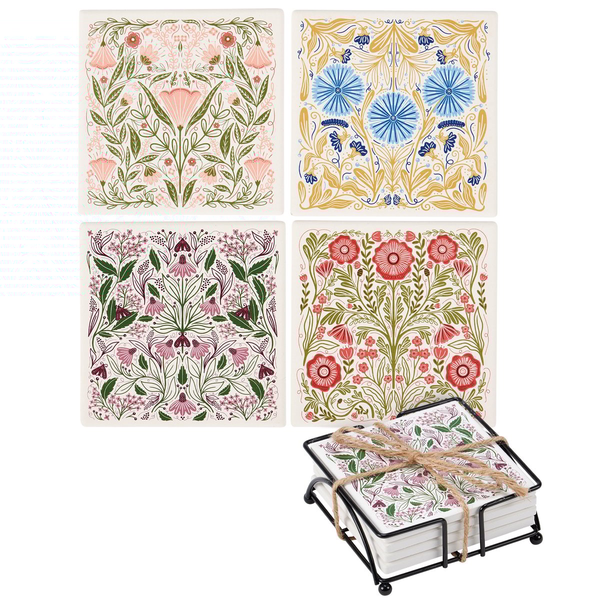 Botanical Folk Art Hand-Illustrated Stoneware Coaster Set with Cork Base & Wire Holder