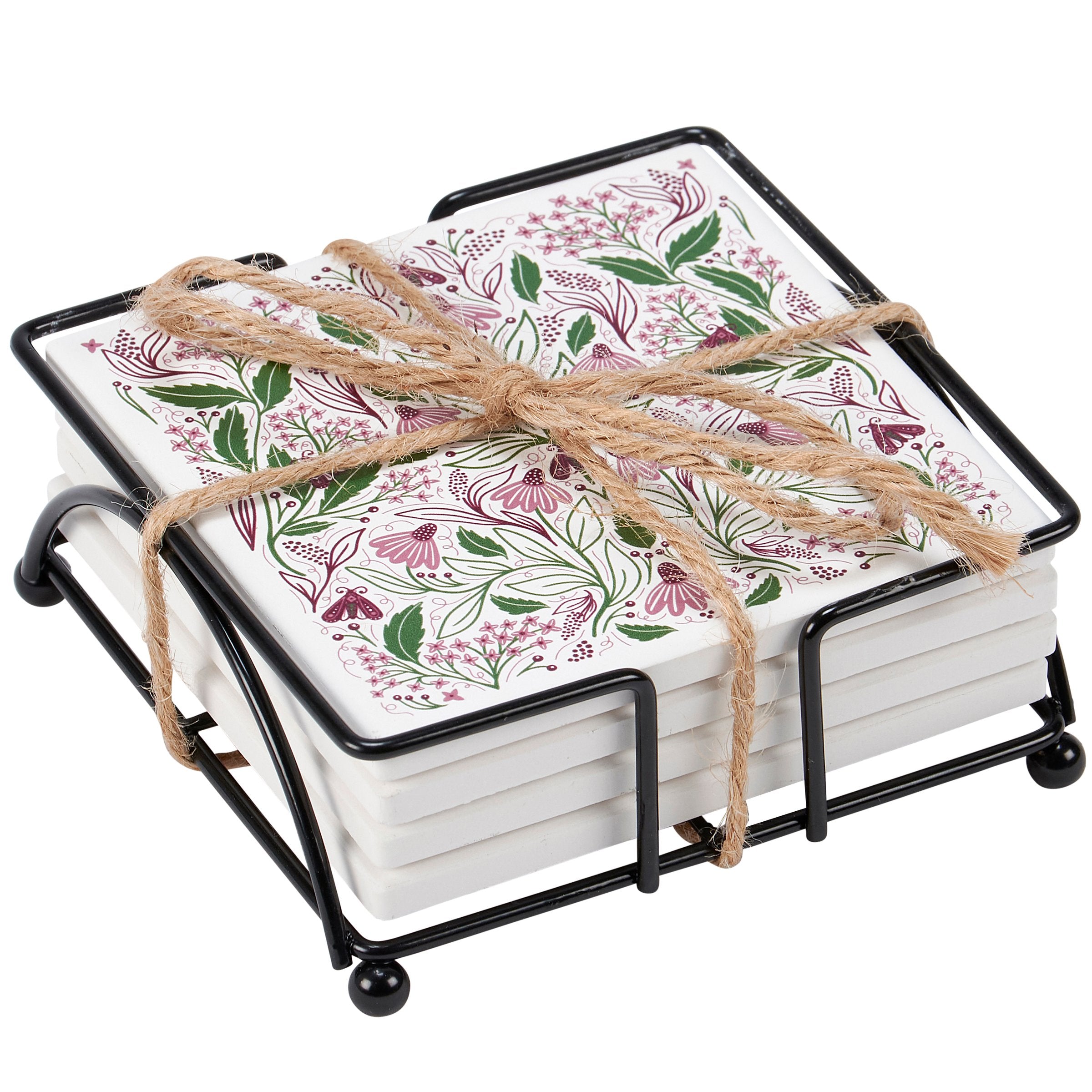 Botanical Folk Art Hand-Illustrated Stoneware Coaster Set with Cork Base & Wire Holder