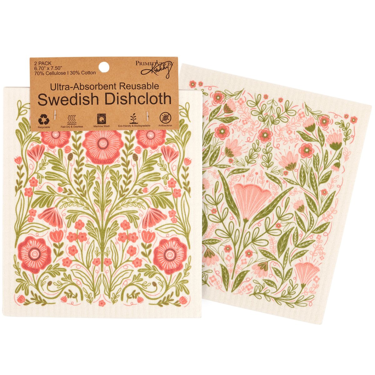 Eco-Friendly Botanical Folk Art Swedish Dishcloths Set - Ultra-Absorbent Reusable Cleaning Wipes