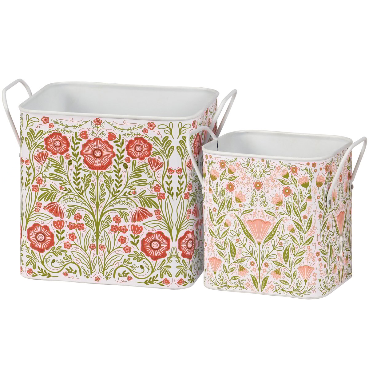 Set of 2 Metal Botanical Folk Art Storage Bins with Handles for Home Decor