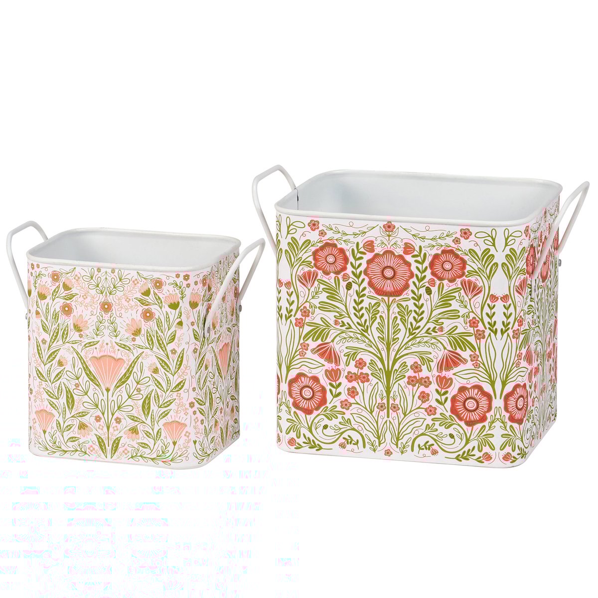Set of 2 Metal Botanical Folk Art Storage Bins with Handles for Home Decor