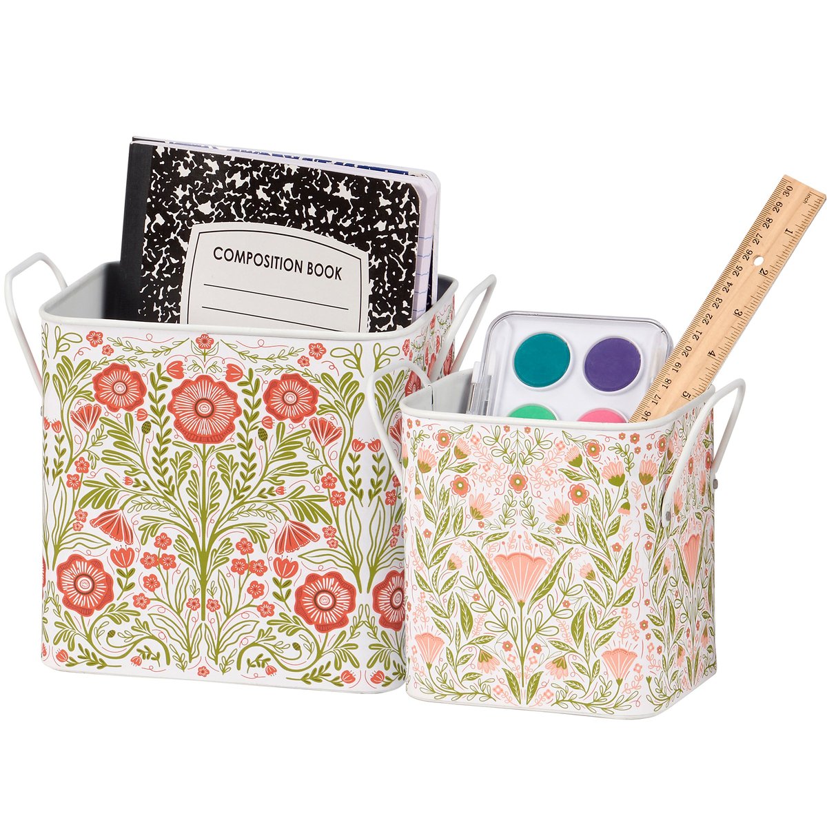 Set of 2 Metal Botanical Folk Art Storage Bins with Handles for Home Decor
