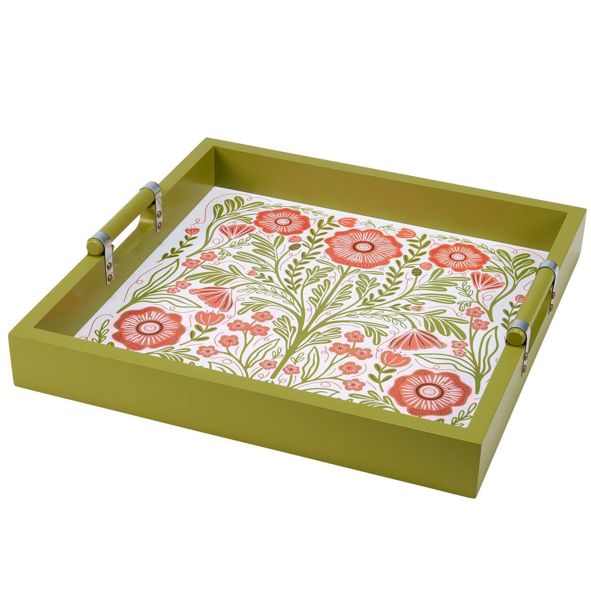 Vibrant Poppies Folk Art Wooden Serving Tray with Green Sides & Handles