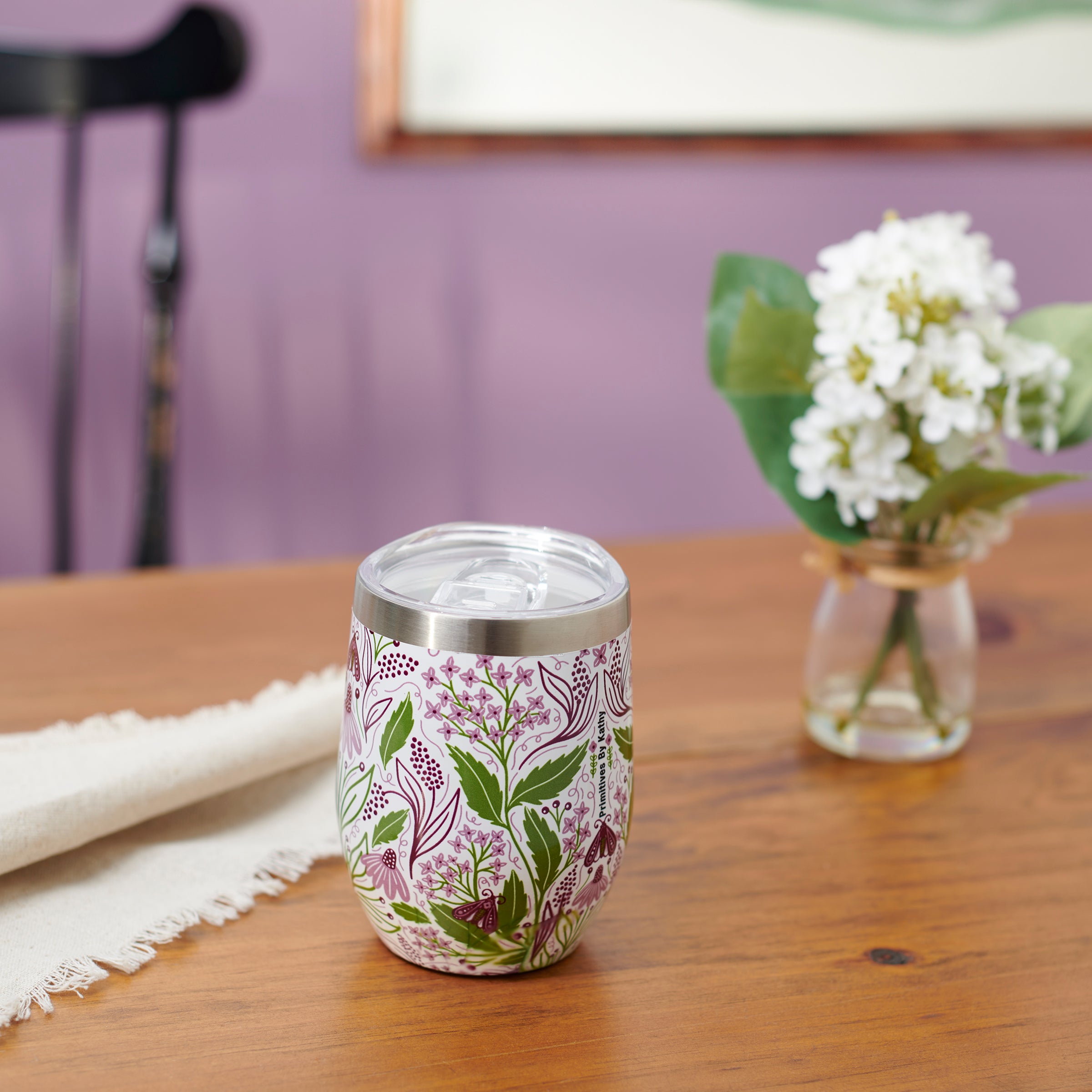 Charming Purple Floral 12oz Insulated Stainless Steel Wine Tumbler with Lid