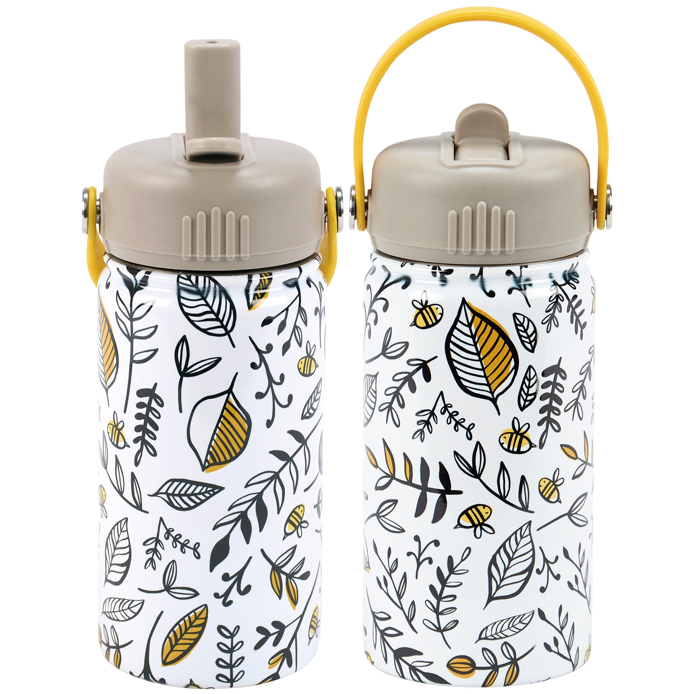 Charming Bee Floral Kids Insulated Stainless Steel Water Bottle with Straw & Strap