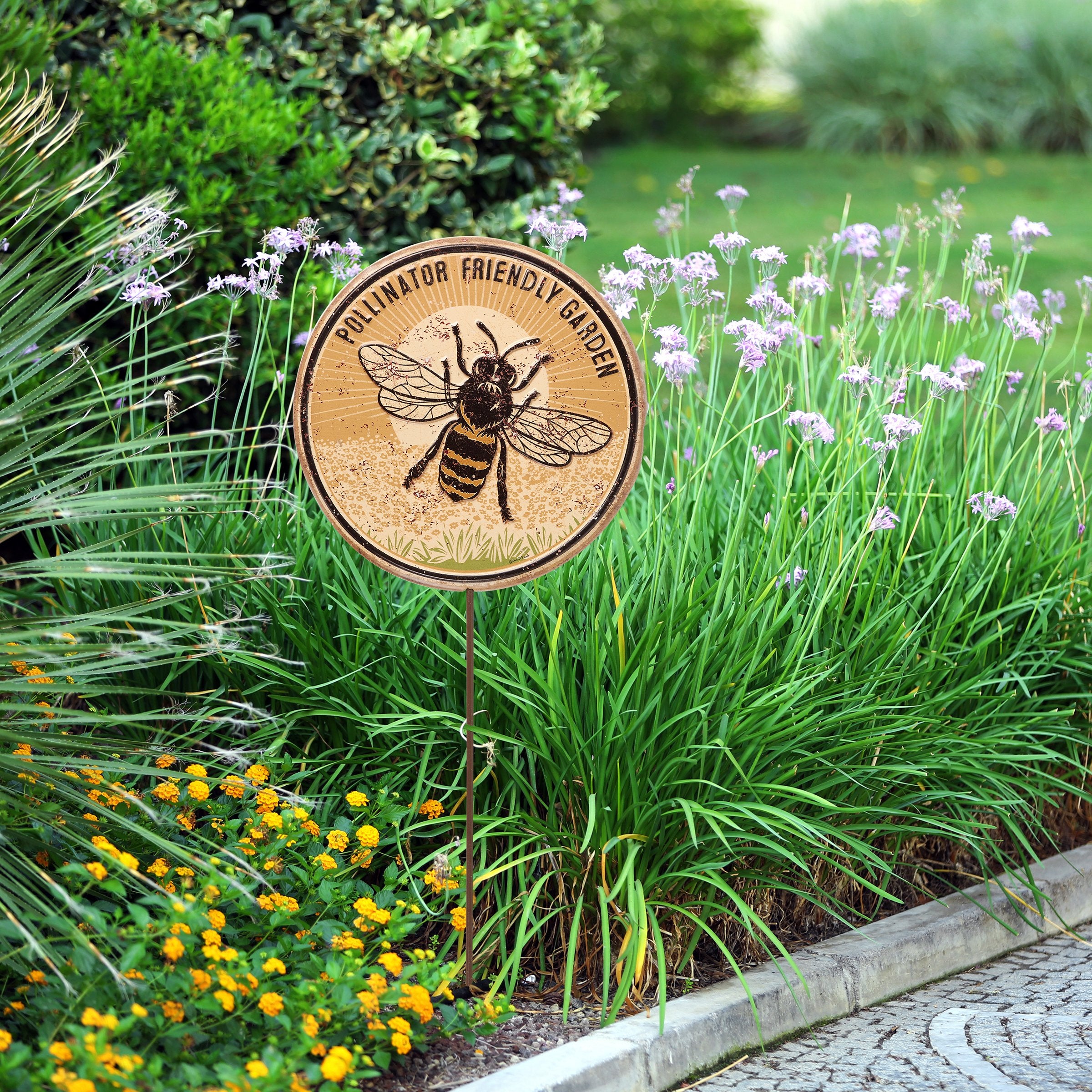 Rustic Metal Pollinator Garden Pick - Bee & Flowers Outdoor Art Decor