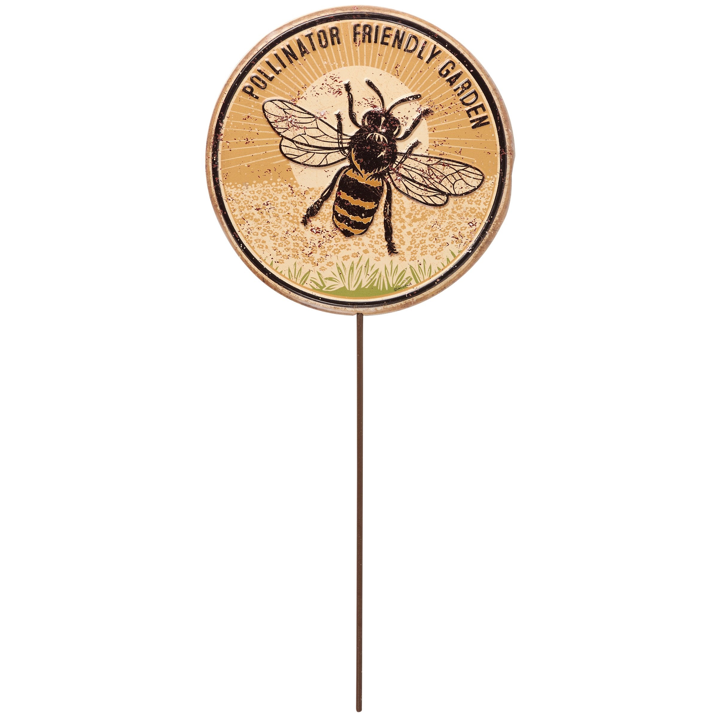 Rustic Metal Pollinator Garden Pick - Bee & Flowers Outdoor Art Decor