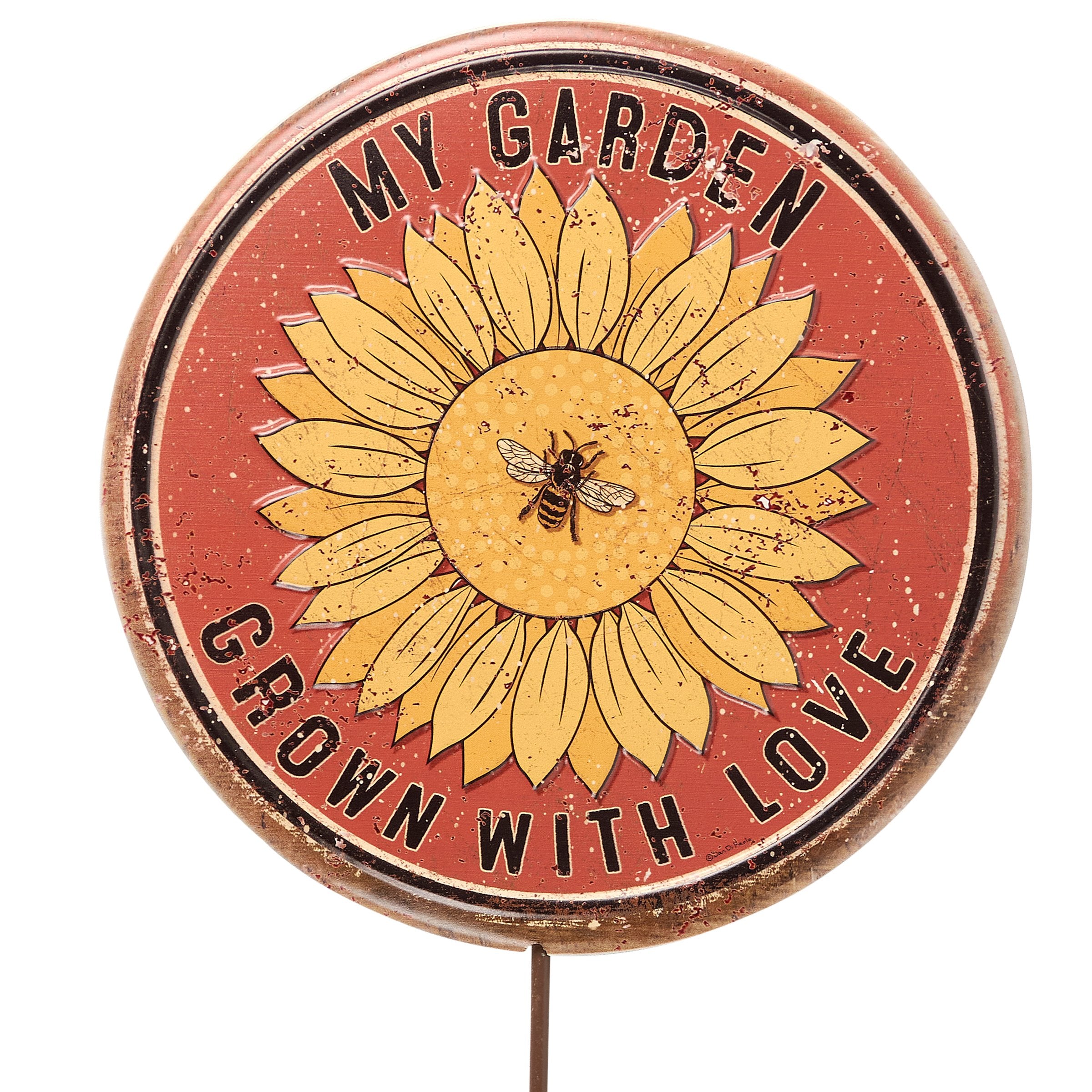 Charming Rustic Bee Sunflower 'My Garden Grown With Love' Metal Garden Pick