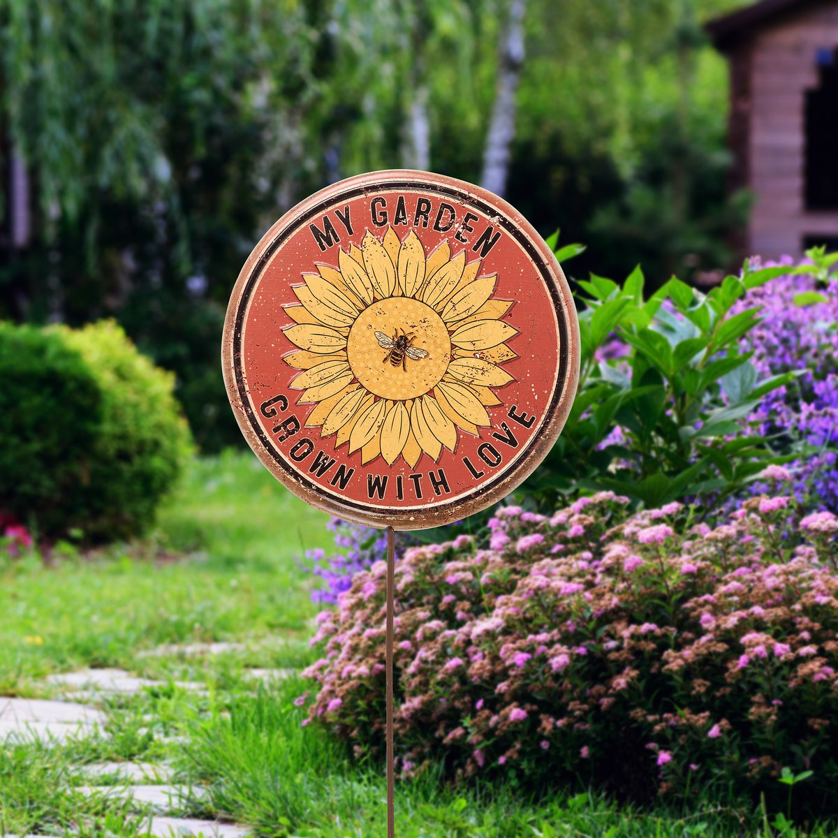 Charming Rustic Bee Sunflower 'My Garden Grown With Love' Metal Garden Pick