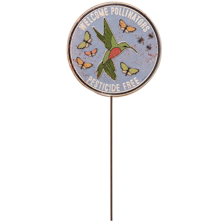 Charming Metal Garden Pick: Welcome Pollinators, Hummingbirds, Butterflies, Bees, Rustic