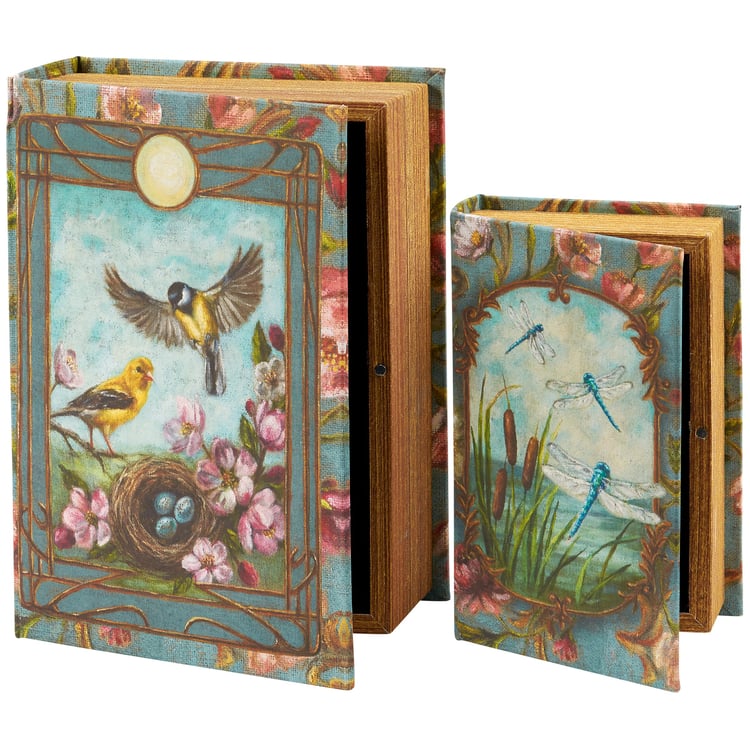 Elegant Floral Nouveau Decorative Book Box Set with Finches and Dragonflies for Home Decor