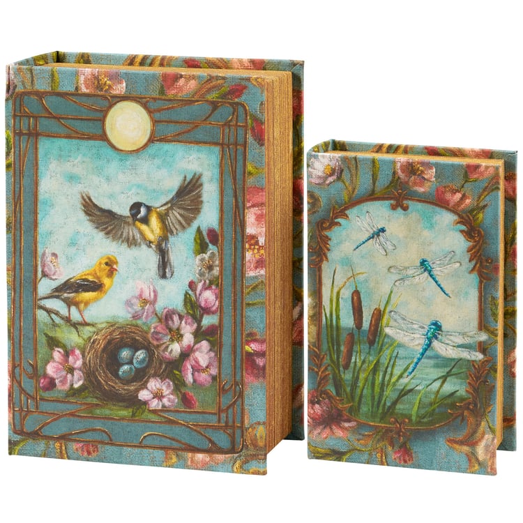 Elegant Floral Nouveau Decorative Book Box Set with Finches and Dragonflies for Home Decor