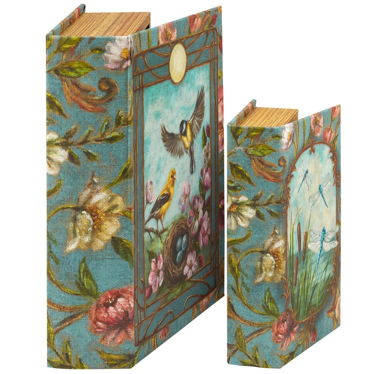 Elegant Floral Nouveau Decorative Book Box Set with Finches and Dragonflies for Home Decor