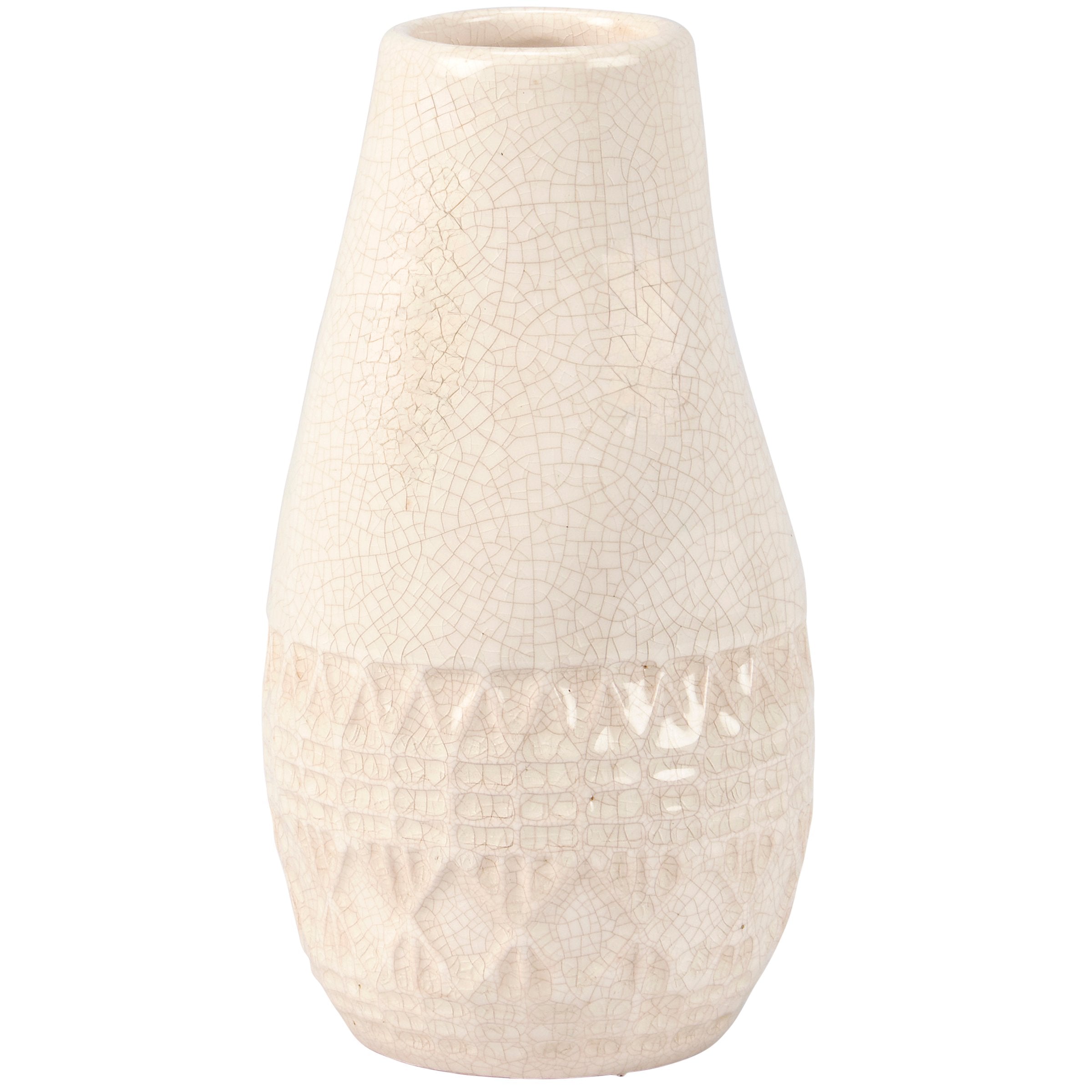 Handcrafted Stoneware Southwest Vase: Sculpted Pattern, Cream Glaze, Distressed, 8-Inch Tall Decorative Accent