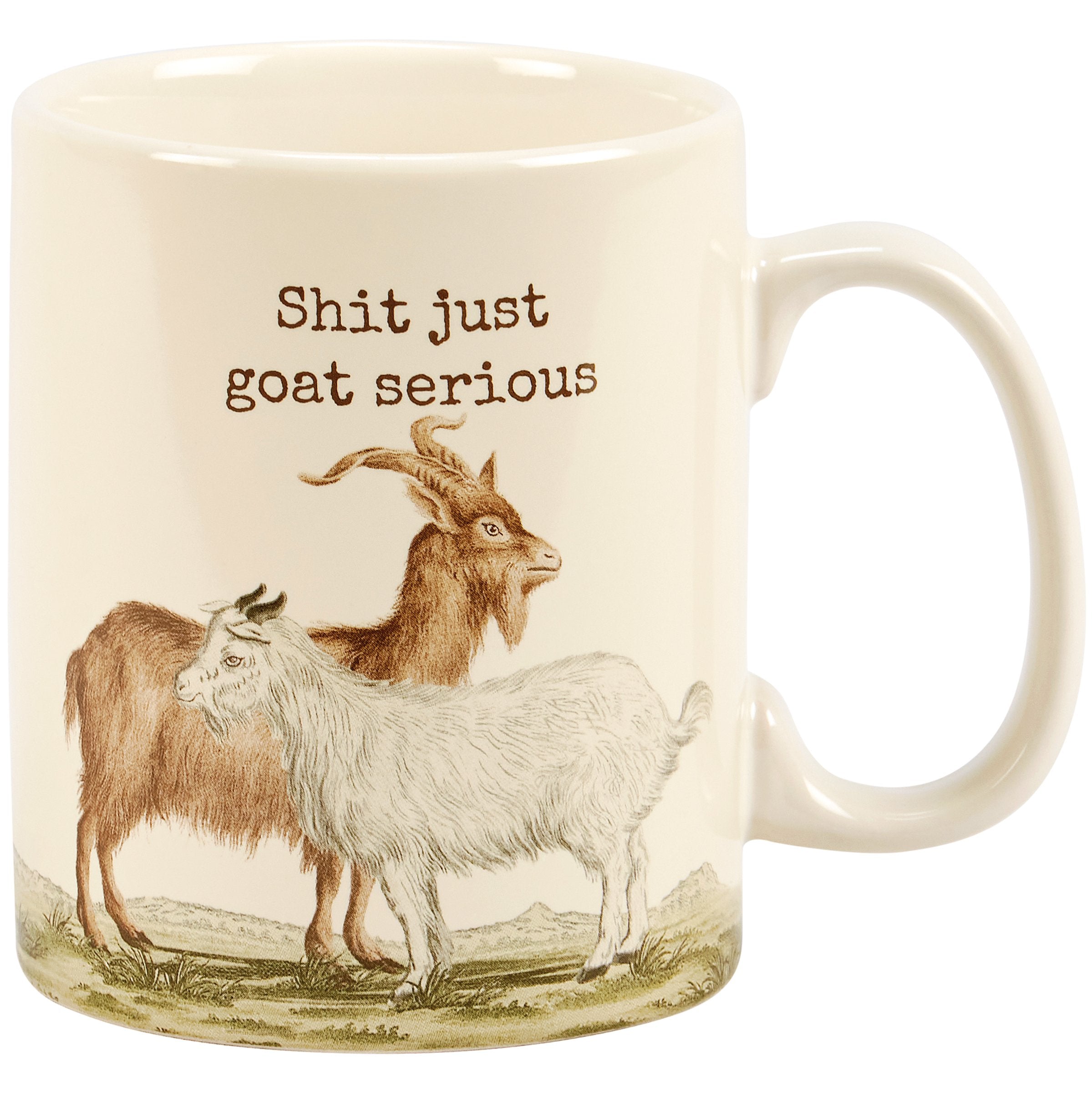 Funny Farmhouse Stoneware Coffee Mug with "Shit Just Goat Serious" Design