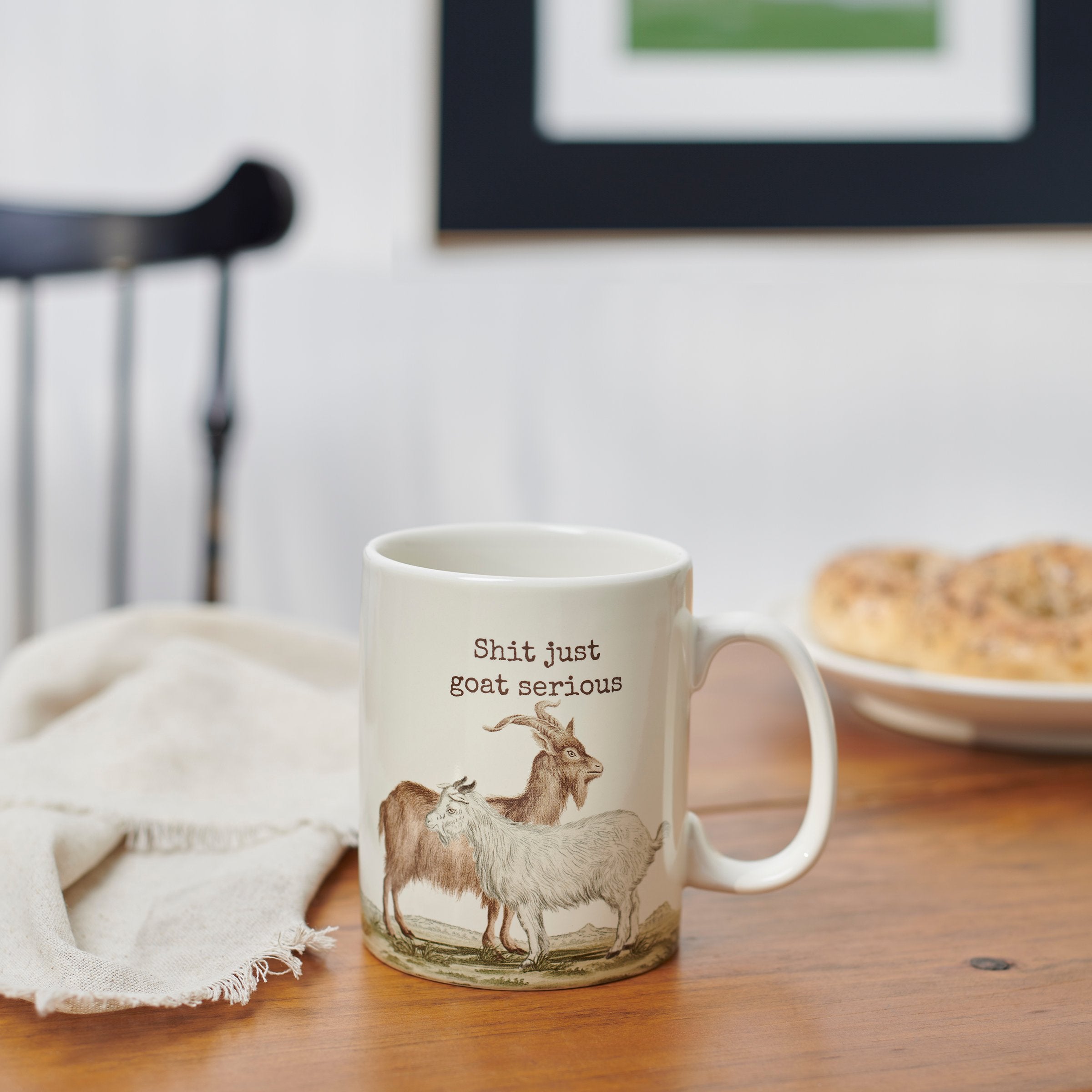 Funny Farmhouse Stoneware Coffee Mug with "Shit Just Goat Serious" Design