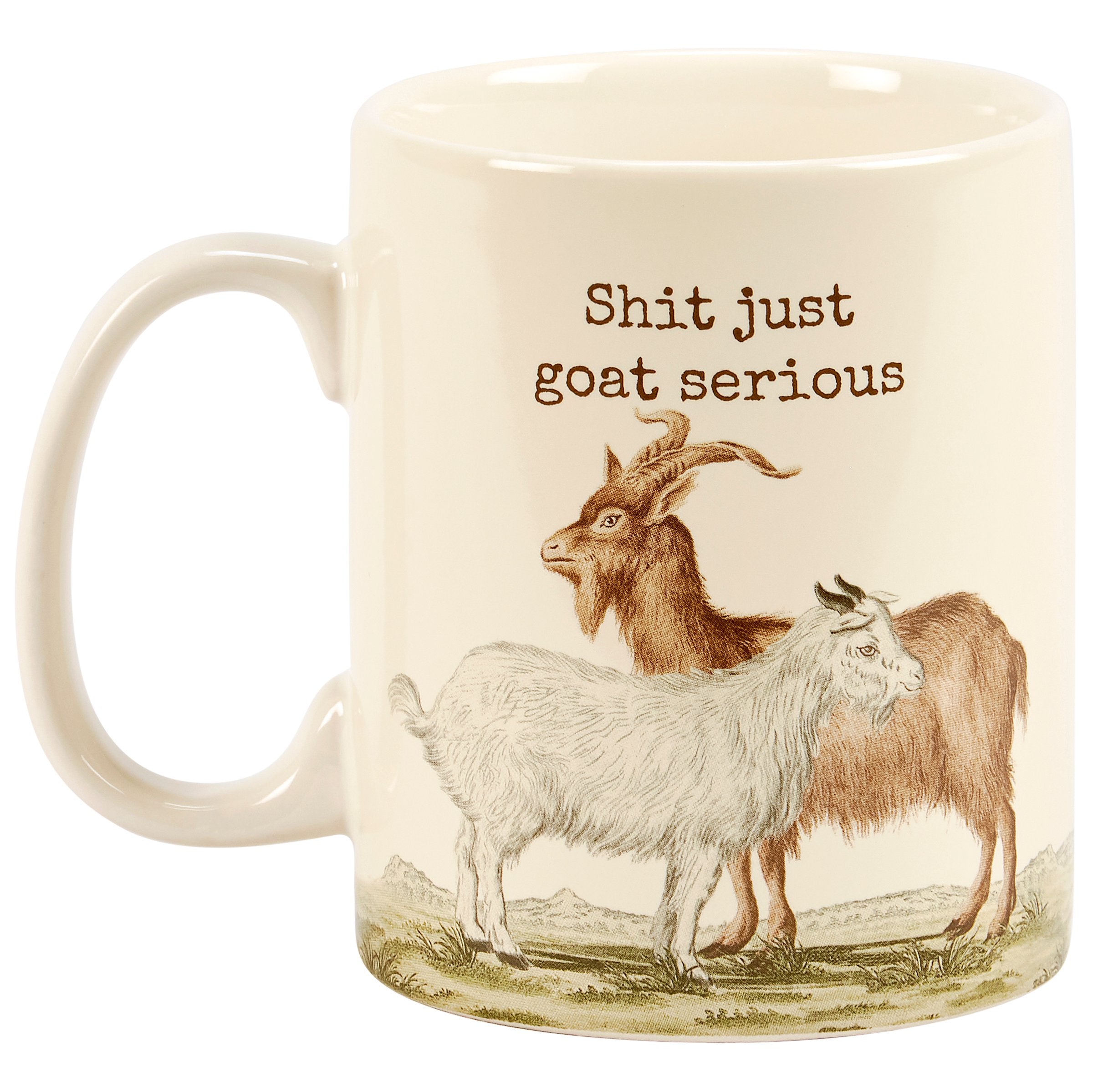 Funny Farmhouse Stoneware Coffee Mug with "Shit Just Goat Serious" Design