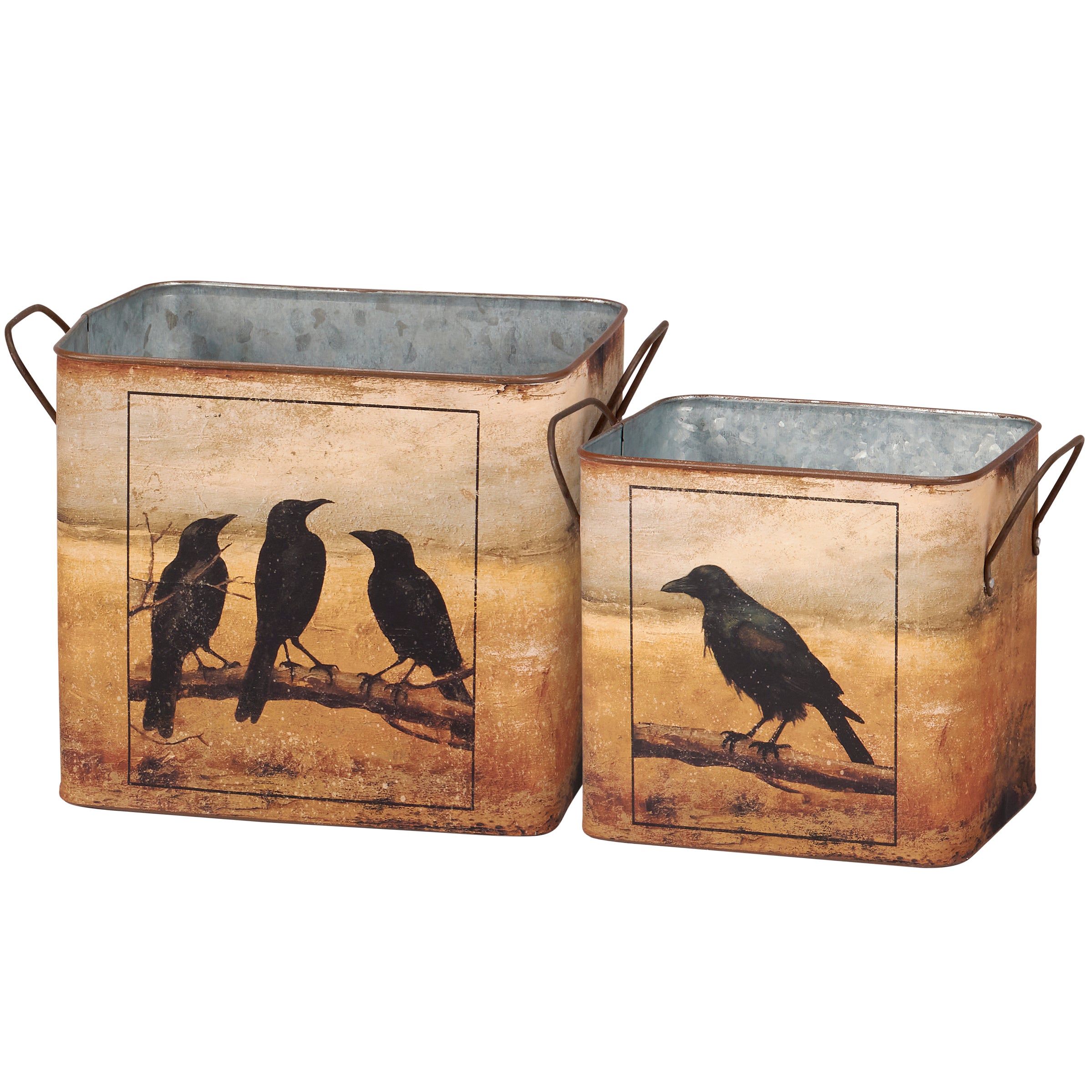 Rustic Raven Halloween Decorative Metal Bin Set - Double-Sided Fall Decor